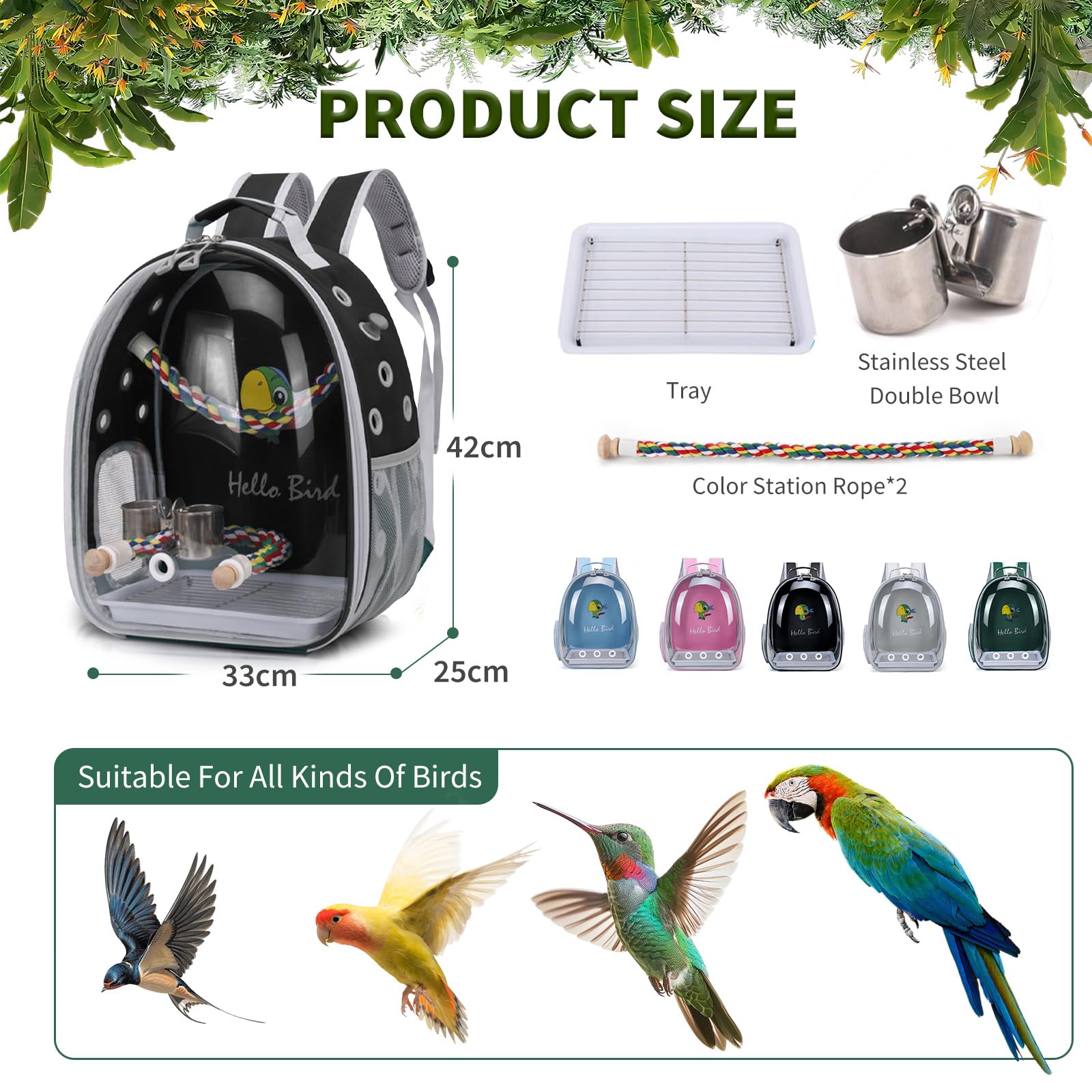 PETCUTE Bolsa de Transporte para Pájaros, Transparente, Transpirable, Mochila para Pájaros con Percha y Bandeja, Espaciosa, Ideal para Viajes en Tren, Automóvil, Restaurante o Avión (Negro)