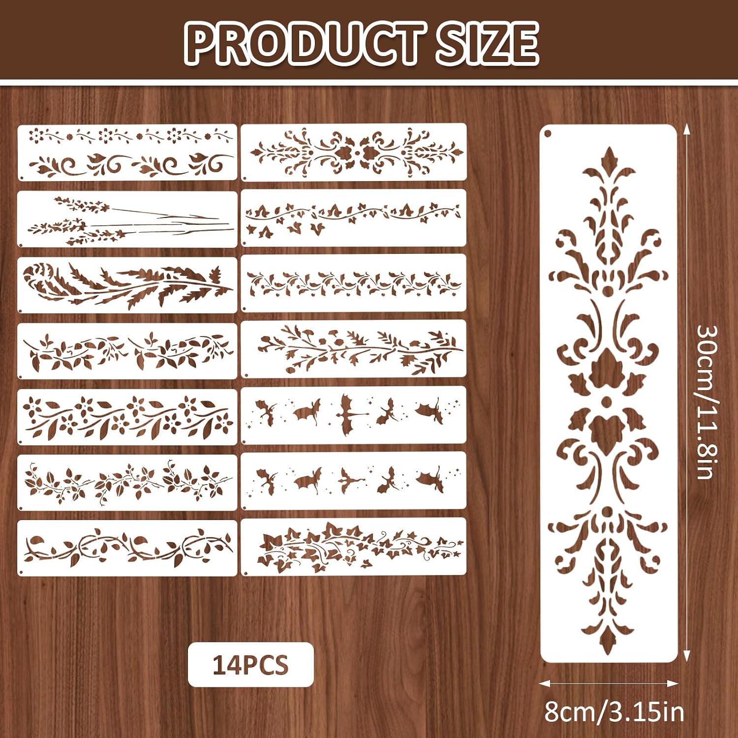 14Pcs Large Border Flower Stencils for Painting on Walls, Reusable Leaf Vine Wood Burning Stencils with Hoop, Drawing Background Templates DIY Craft Home Decor(11.8×3.15 inch)