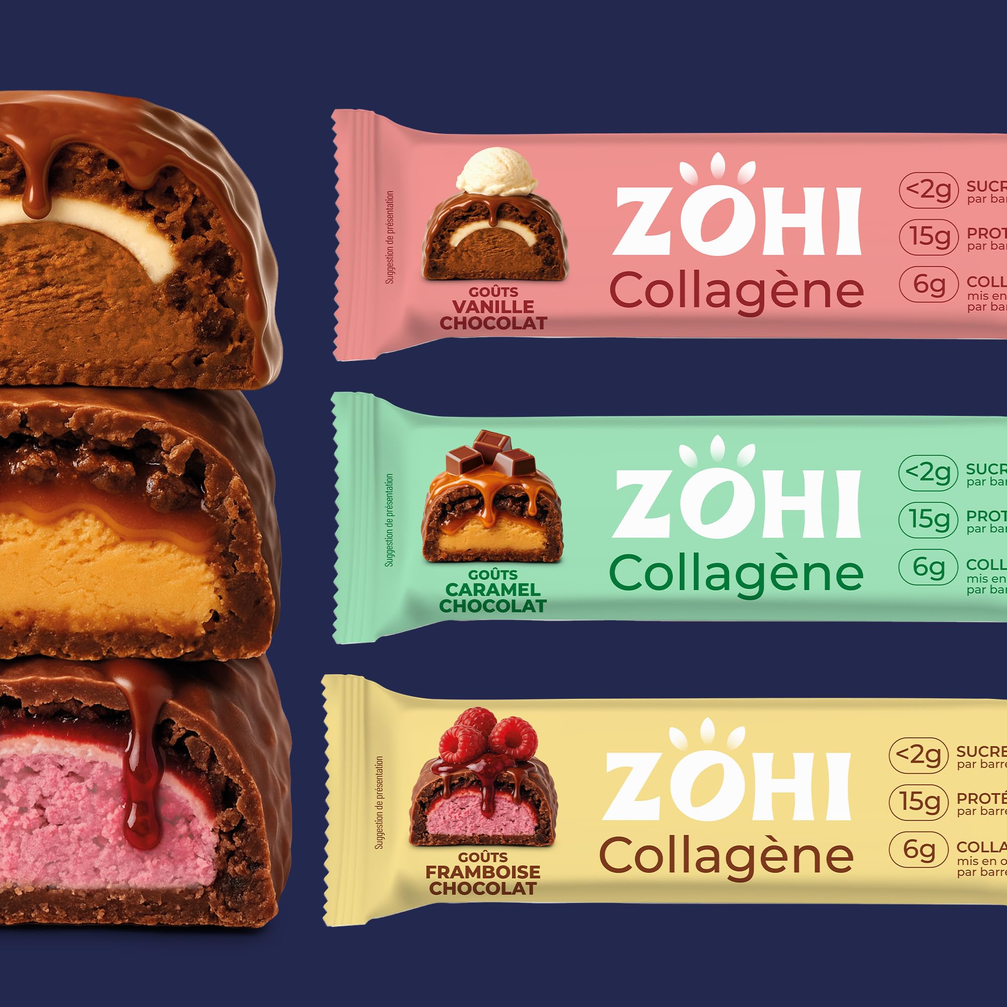 ZOHI - Barre avec Collagène saveur Chocolat et Vanille - Riche en Protéines et Moins de 2g de Sucres - Enrobée de Chocolat au Lait et Billettes Croustillantes - 50g (Pack de 12)