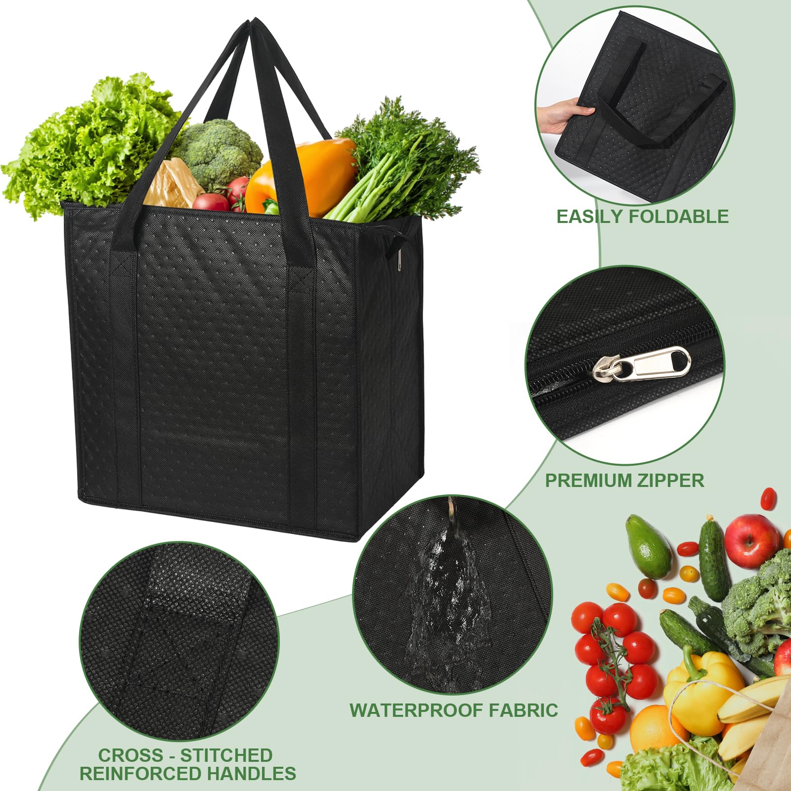 VZZNN 20 Pcs Insulated Shopping Bags for Groceries with Zipper & Handles, Large Foldable Cooler Bags for Hot & Cold Food