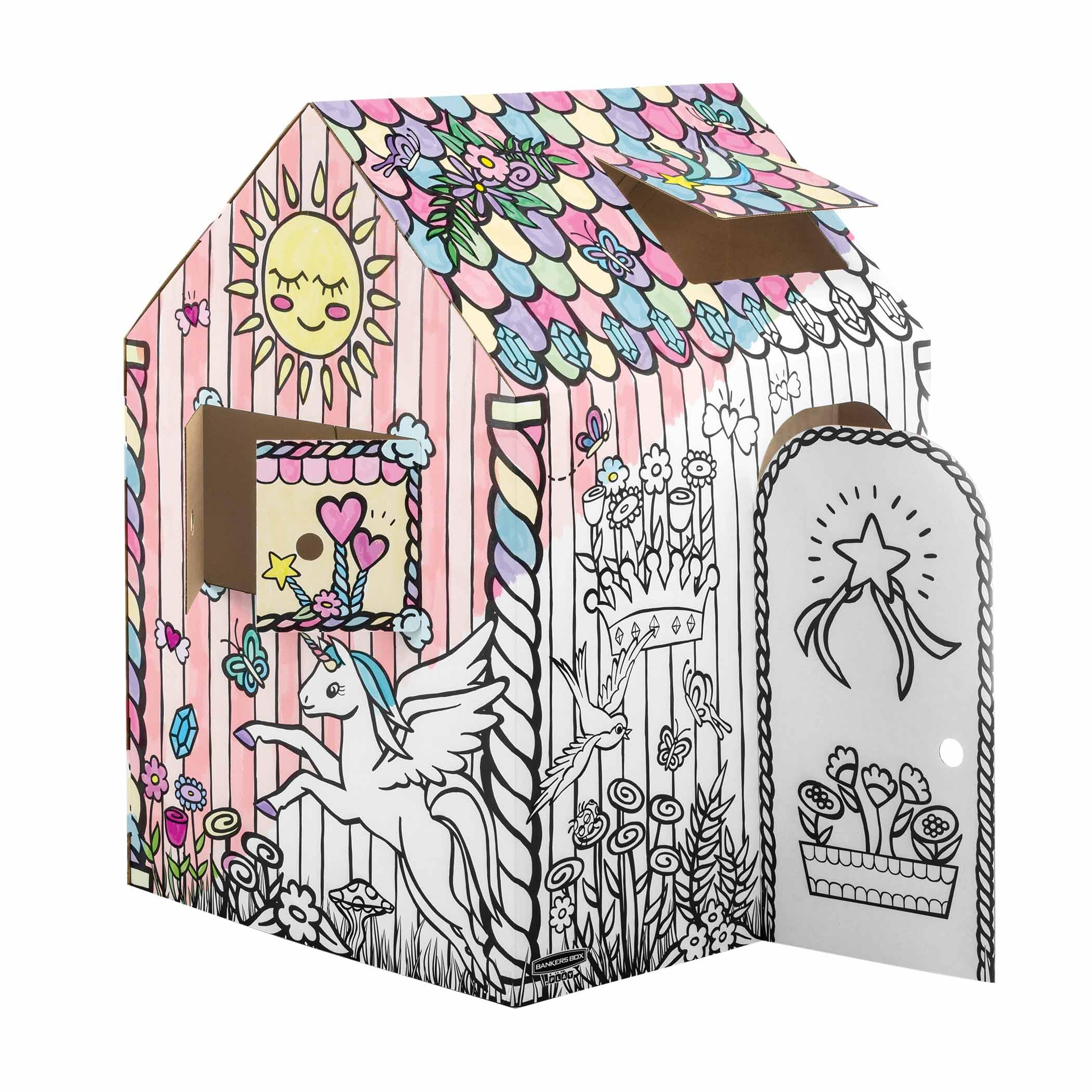 BANKERS BOX Unicorn Cardboard Playhouse for Kids XXL (81.3 x 81.3 x 121.3cm) – Colour-In Cardboard Den, Doll House & Unicorn Toy – FSC Certified & Recyclable Arts & Crafts Fun – Ages 3+ — image 1
