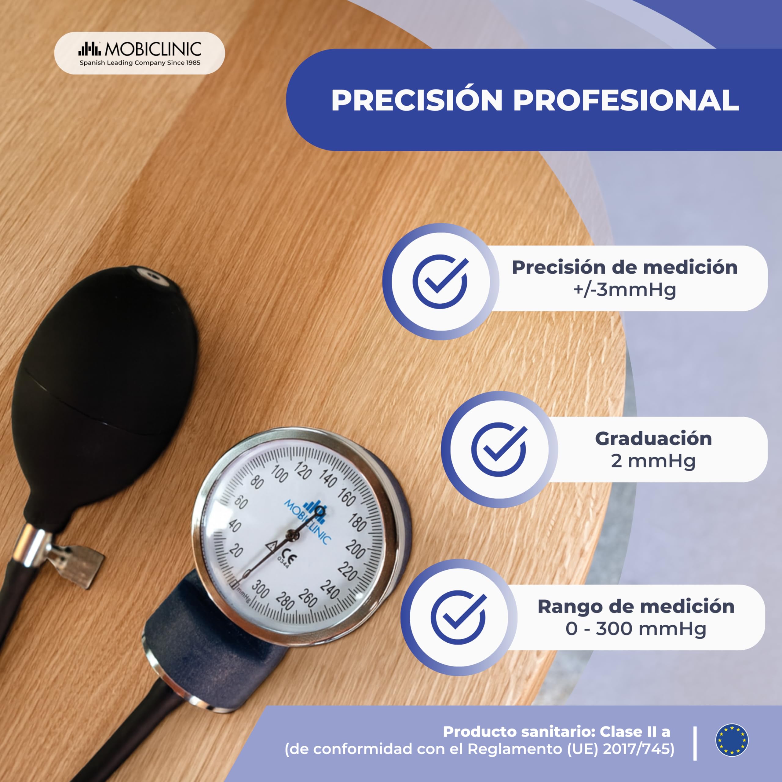 Mobiclinic, Tensiómetro de brazo, Doble salida, Incluye estuche, Medidor tensión aneroide, Medición presión arterial, Marca española, Precisión, Bomba goma, Ligero, Fácil usar, Azul