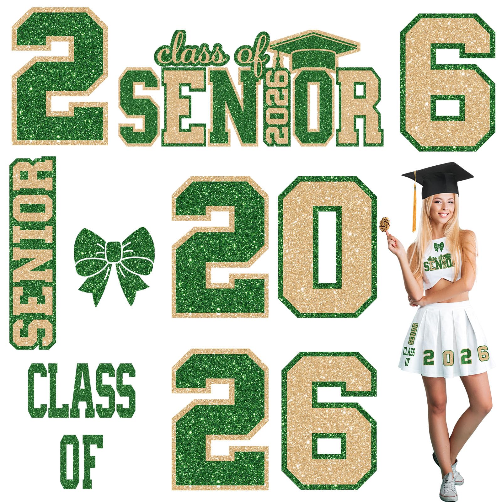 Photo 1 of Solsew Senior Class of 2026 Iron on Patches Decals Glitter Heat Transfer Graduation Decoration Skirts Shirts Iron on Cap Letters Bow Transfer for Fabric Clothing DIY Crafts(Green and Gold)