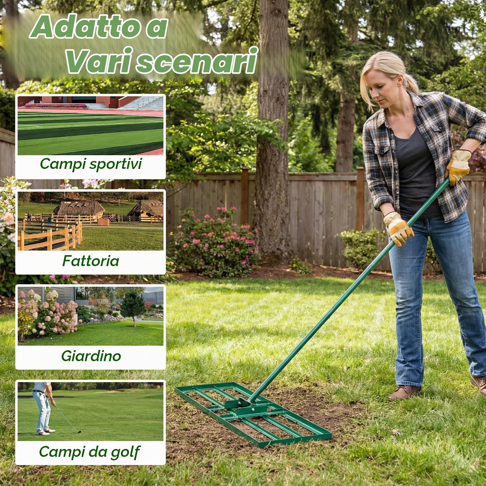 FANTASK Rastrello livellante in metallo, 170 x 75 cm x 25 cm, livellamento rastrello per prato con impugnatura ergonomica, strumento per prato per giardino, cortile, campo da golf (verde)