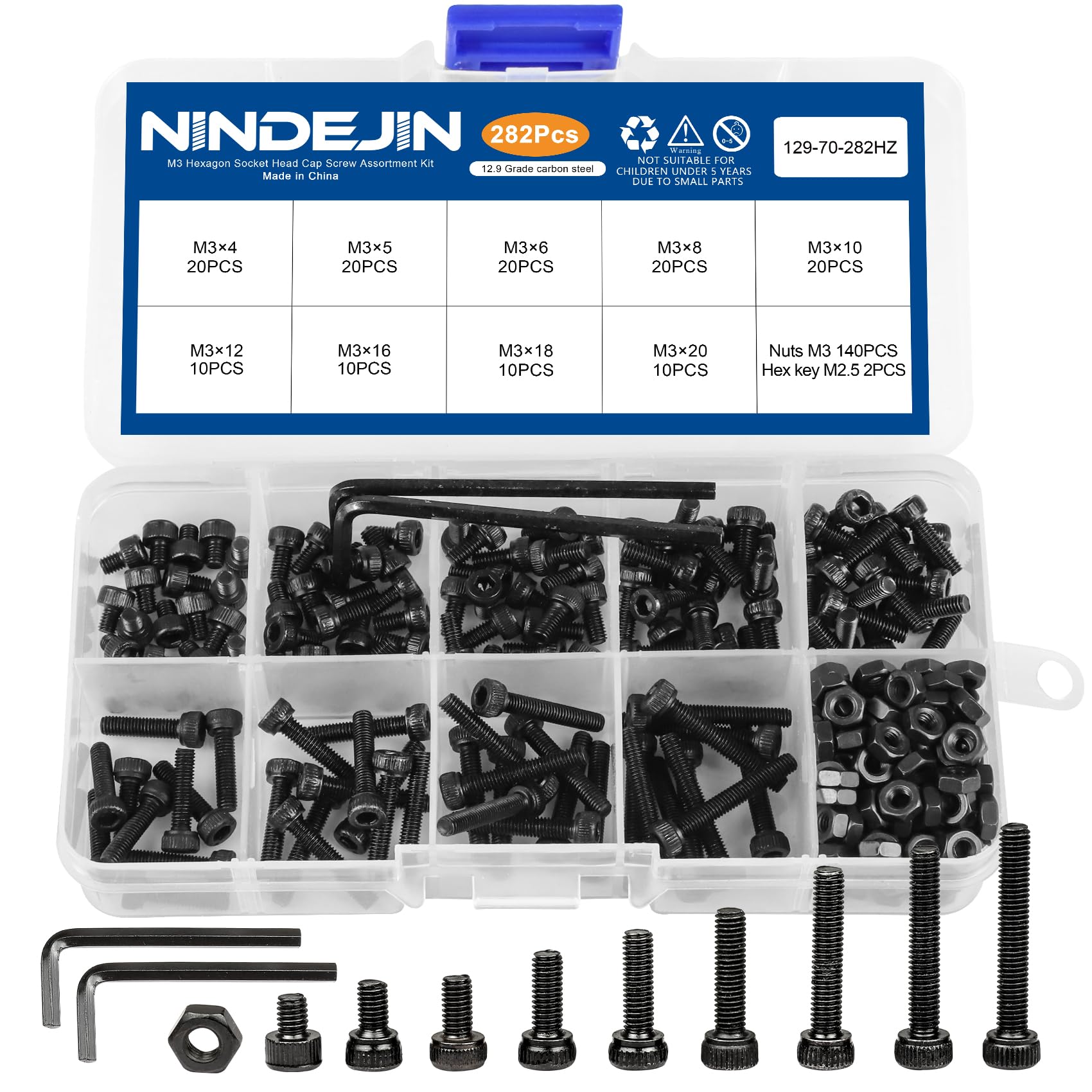 NINDEJIN M3 Hex Socket Head Cap Screws, 282pcs Metric Screw Bolts