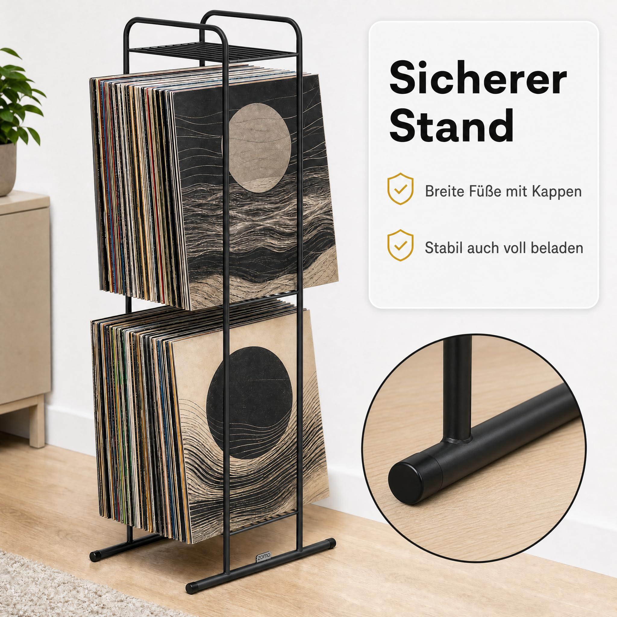 Zomo VS-Rack Vinya 100 Vinylständer – 300 x 190 x 805 mm - Schwarz - 2 Ebenen Plattenregal aus Stahl – bis 100 LPs – Moderner Schallplattenständer mit stabilem Standfuß