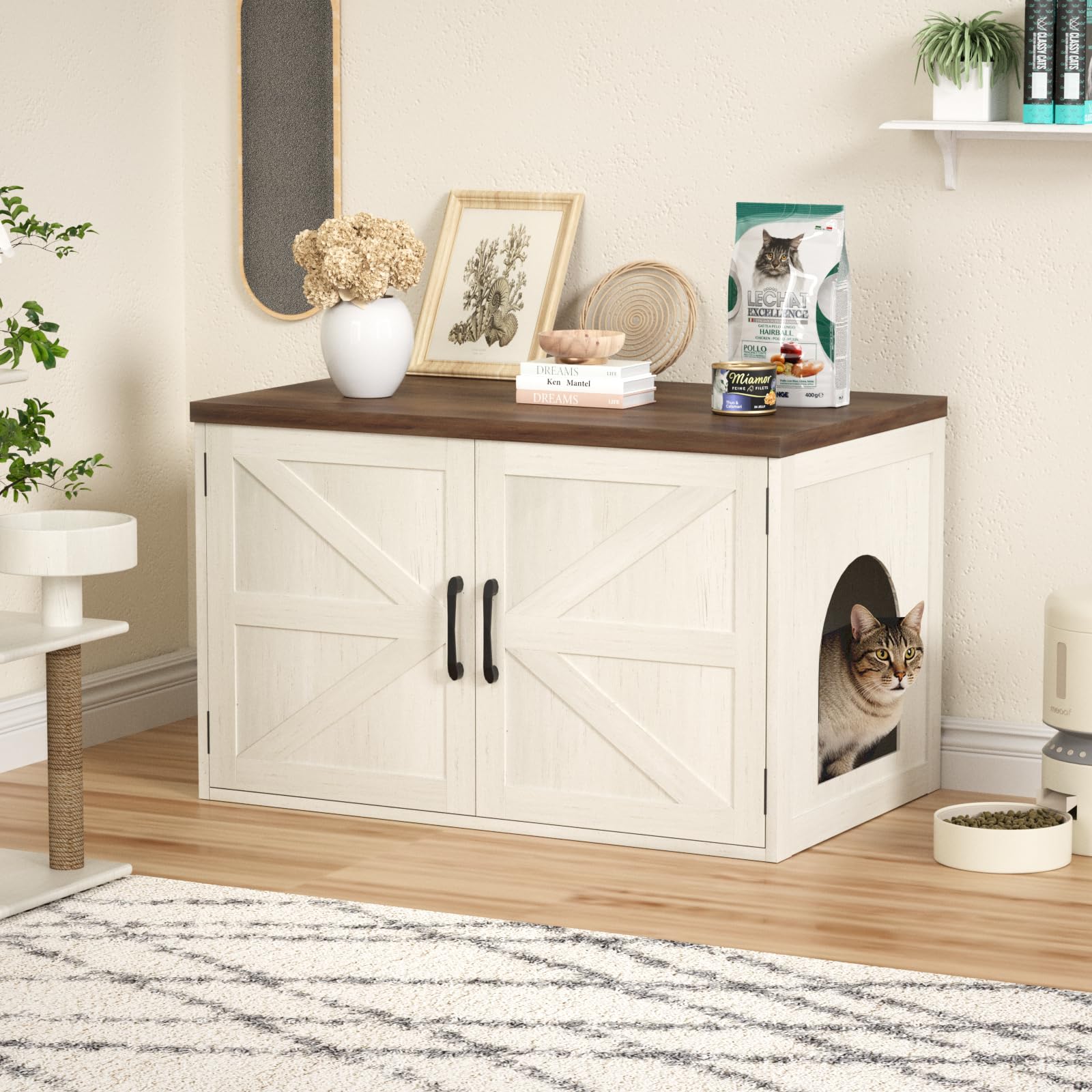 Litter Box Enclosure, Farmhouse Hidden Litter Box Cabinet with Barn Door, Cat Litterbox Furniture, Indoor Cat House for Living Room, Side End Table, 31.5''L x 19.7''W x 19.7''H, White