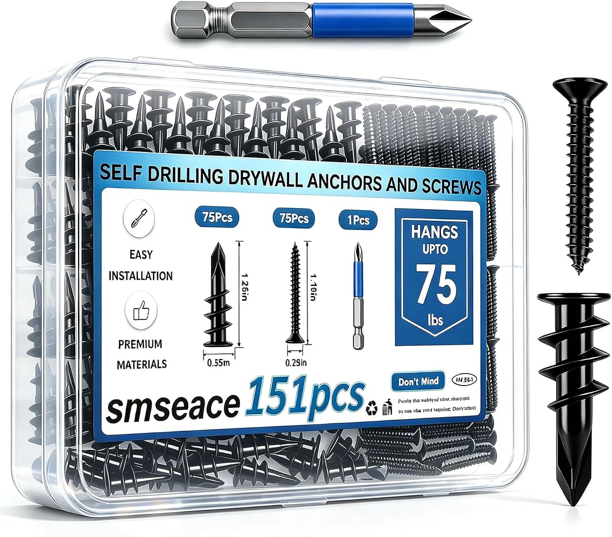 smseace 151 anclajes autoperforantes negros para paneles de yeso con kit de tornillos, 75 tornillos autorroscantes #8, 75 anclajes para paneles de yeso, 1 broca para hasta 75 libras