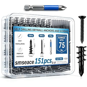 smseace 151Pcs Black Self Drilling Drywall Anchors with Screws Kit, 75Pcs #8 Self-Tapping Screw, 75Pcs Drywall Anchor, 1Pcs Drill bit Holds Upto 75lbs