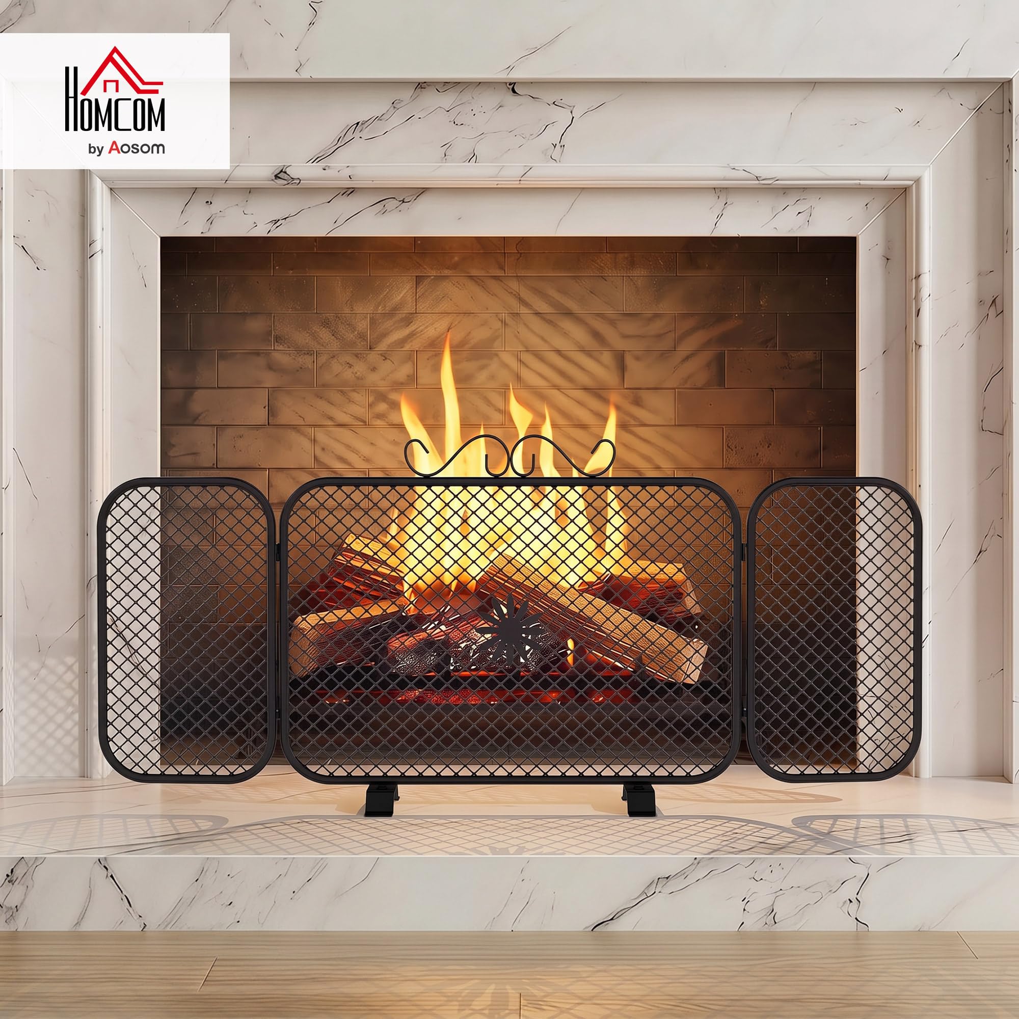 HOMCOM Parascintille Camino Pieghevole a 3 Pannelli, 90x16x40 cm, Nero