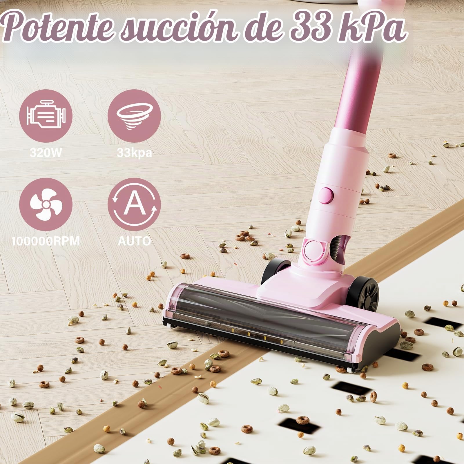 Stanew Aspiradora sin Cable, 33Kpa Escoba aspiradora sin Cable, 320W Aspirador Escoba sin Cable, 40 Minutos de Funcionamiento, LED, para alfombras de Pelo de Mascota, Coches, sofás, etc(Rosa)