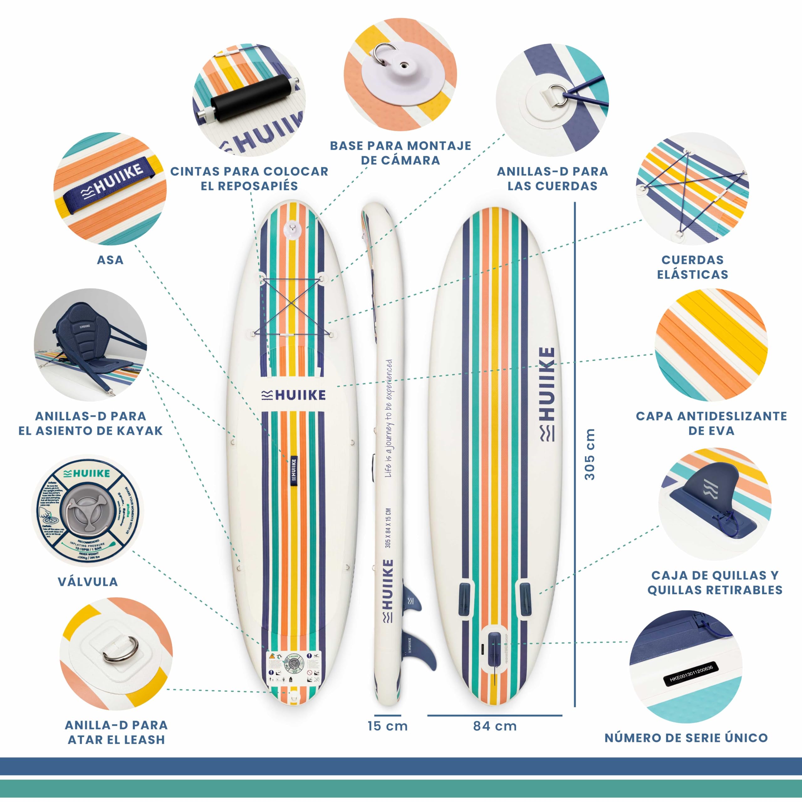 HUIIKE Tabla Paddle Surf Hinchable con Accesorios Incluidos, Remo, Quillas, Inflador. Stand Up Paddle Board Gran Estabilidad y Resistencia. 305 x 84 x 15 cm, Soporta hasta 130 kg