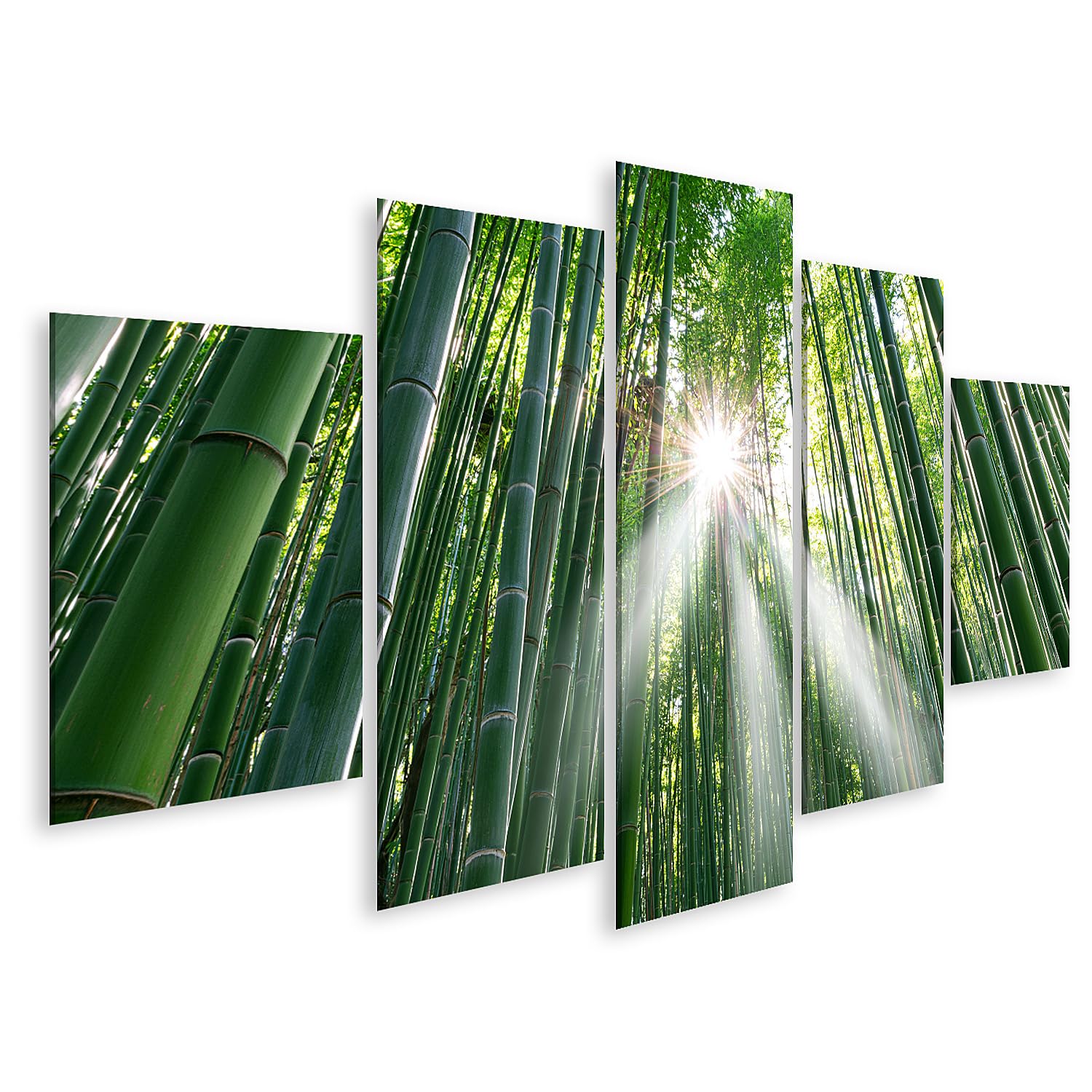 islandburner Tableau sur toile - Forêt de bambou magique - Rayons de soleil - Décoration murale pour salon - Pour les amoureux de la nature - 5 pièces