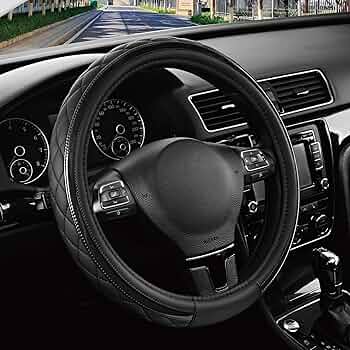Road Comforts Leather Steering Wheel Cover – Black & Black, Universal Fit 14.5-15 Inch, Microfiber Leather, Anti-Slip & Breathable Design for Men and Women