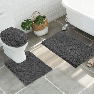 ITSOFT Standard 3pc Non-Slip Shaggy Chenille Bathroom Mat Set, Includes 24"x21" U-Shaped Contour Toilet Rug, 34"x21" Bathmat and 1 Toilet Lid Cover, Charcoal Gr