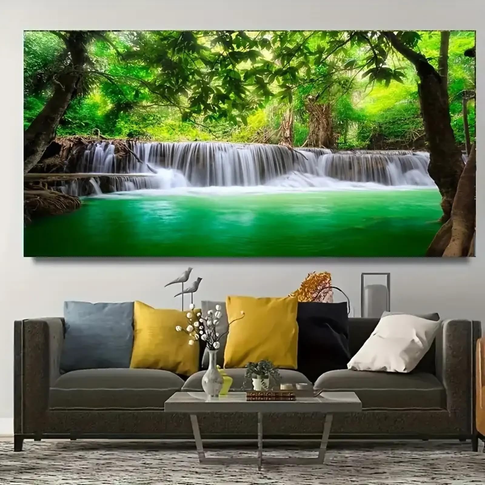 Décoration de chambre vert forêt affiche cascade pour mur blanc - 8
