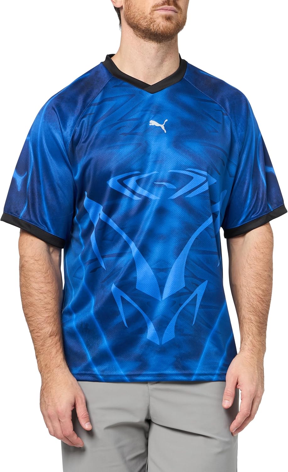 PUMA Mens Pumatech-X All Over Print Relaxed V Neck Short Sleeve Jersey Casual - Black