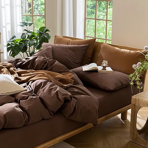 Miniatura 9 de MooMee Juego de funda de edredón 100% algodón lavado con textura parecida al lino, transpirable, duradero, suave y cómodo (café cacao, Queen)