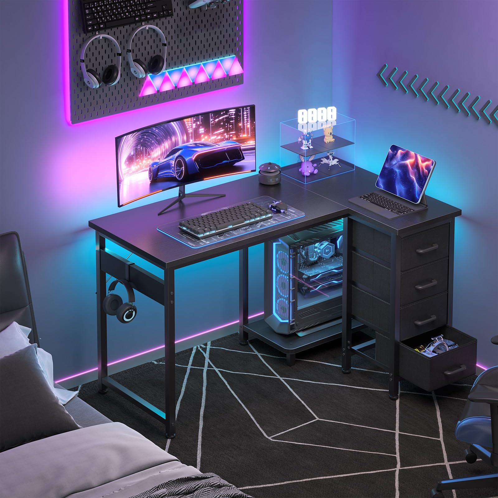 Coleshome Bureau d'angle avec 4 tiroirs, 100x70cm Bureau Gaming, Table Gaming réversibles pour Le Travail à Domicile, Noir