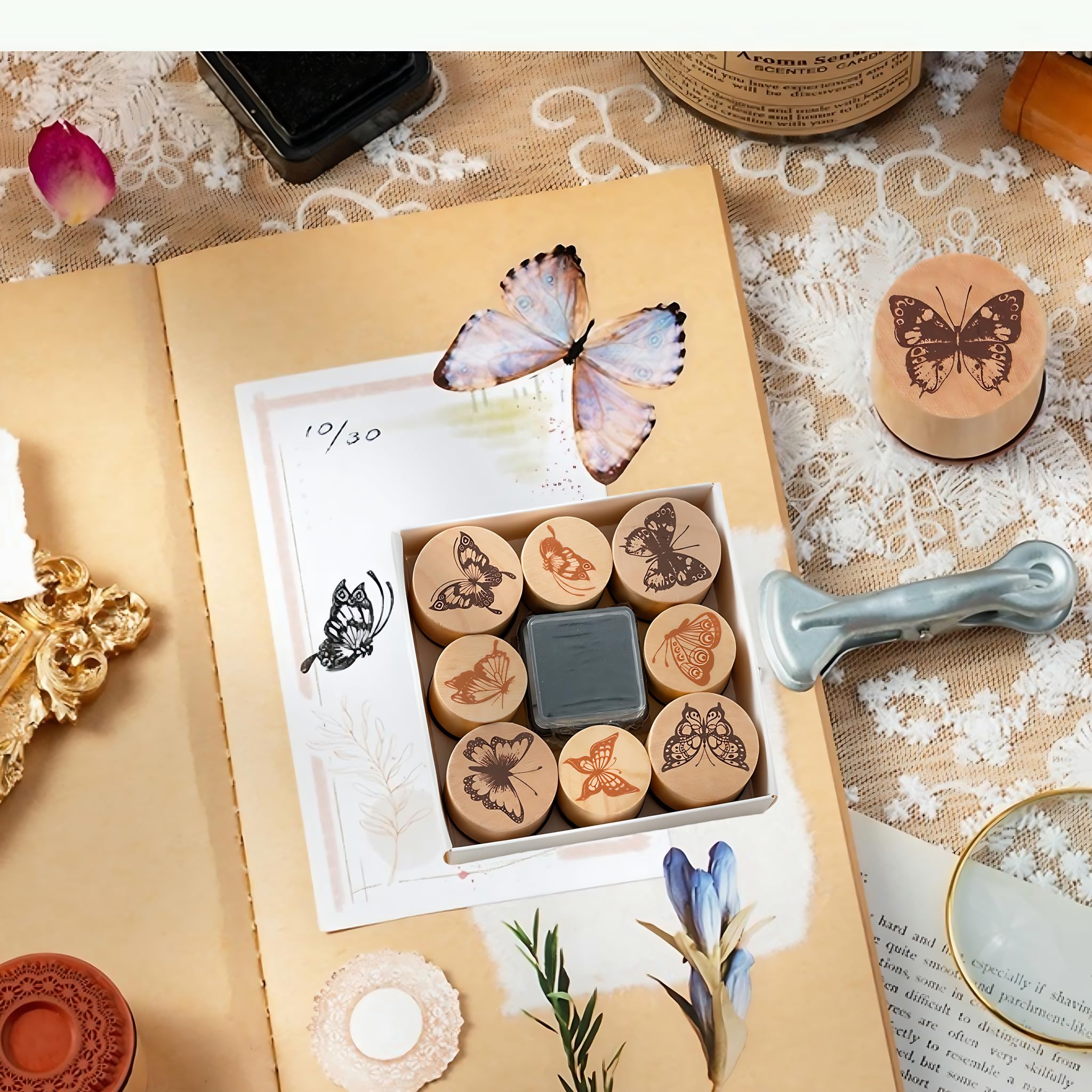 Set 16 Pezzi Vintage Set 16 Timbri In Legno Farfalle E Fiori - Per Scrapbooking, DIY E Artigianato, Vintage Embosser Per Libri