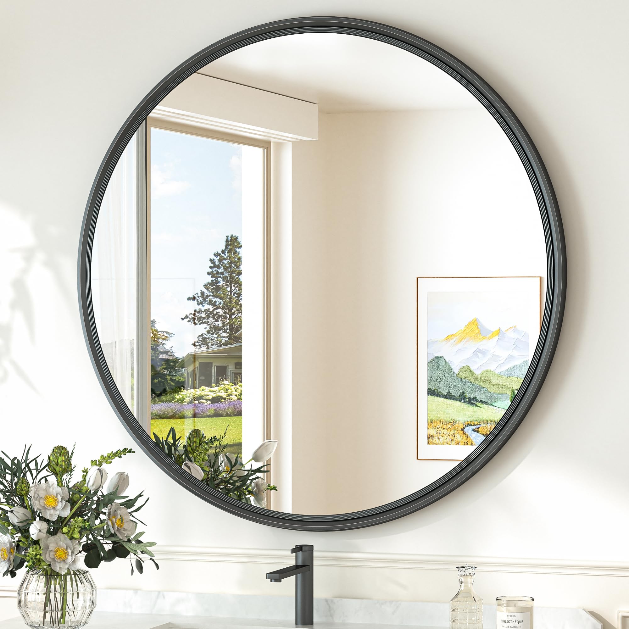 TokeShimi Black Round Mirror Framed 30 Inch Tempered