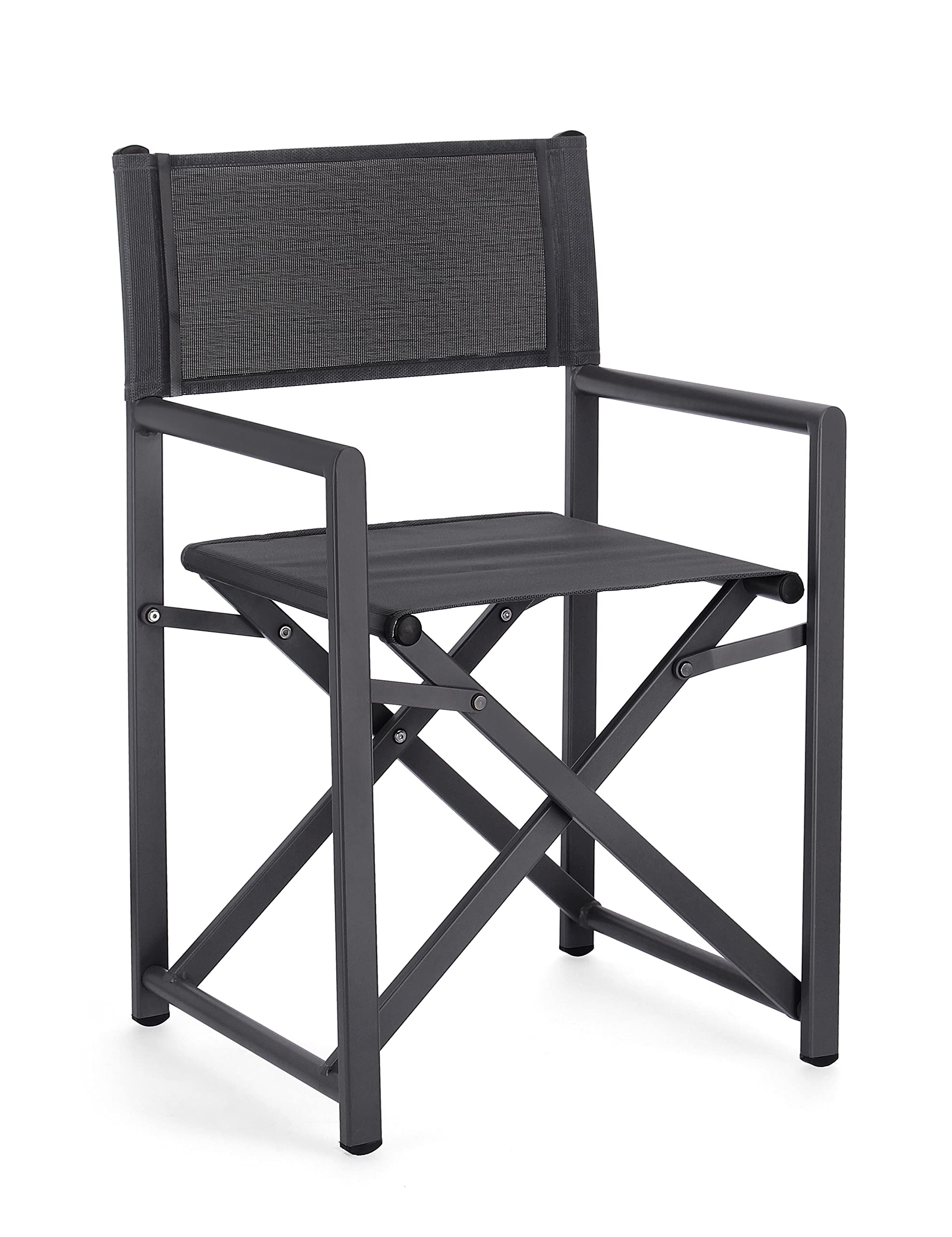 Sedia Regista In Alluminio Verniciato Da Esterno Grigio, Seduta E Schienale In Texilene, 48 x 56 x 86 Cm Per Giardino E Piscina