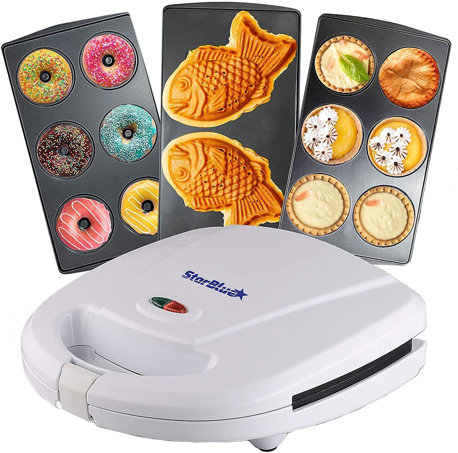 StarBlue Appareil Pour Petits Beignets, Tartes Et Quiches, Machine A Taiyaki, 3 En 1, Avec Plaque Amovible, 220-240 V CA, 50/60 Hz, 700-800 W, Blanc