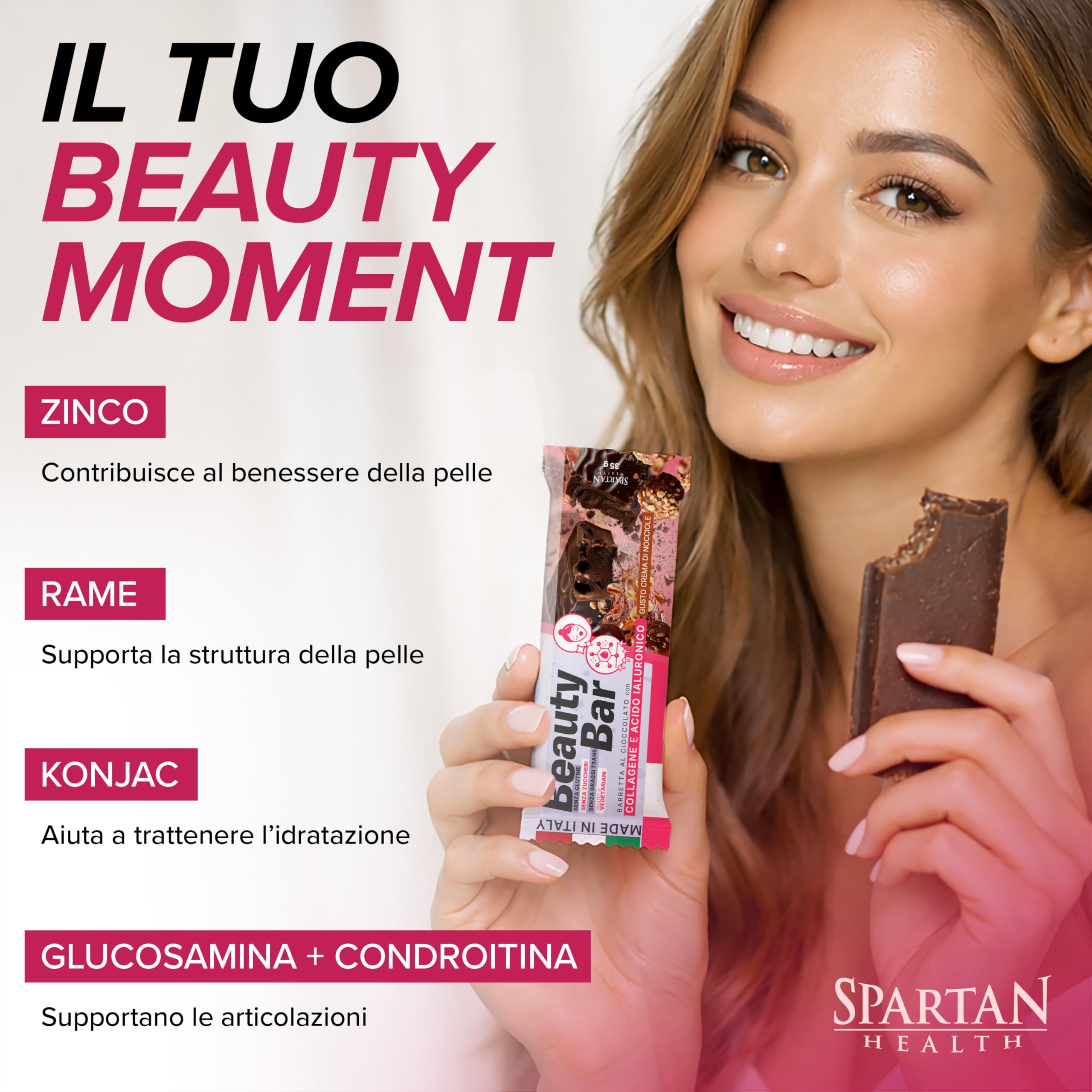 Spartan Health – Beauty Bar – Snack Collagene e Acido Ialuronico – Barretta di Bellezza e Anti-Aging – Senza Zuccheri Aggiunti – Kit Barrette Bellezza 12 Pezzi - (Crema di Nocciole)