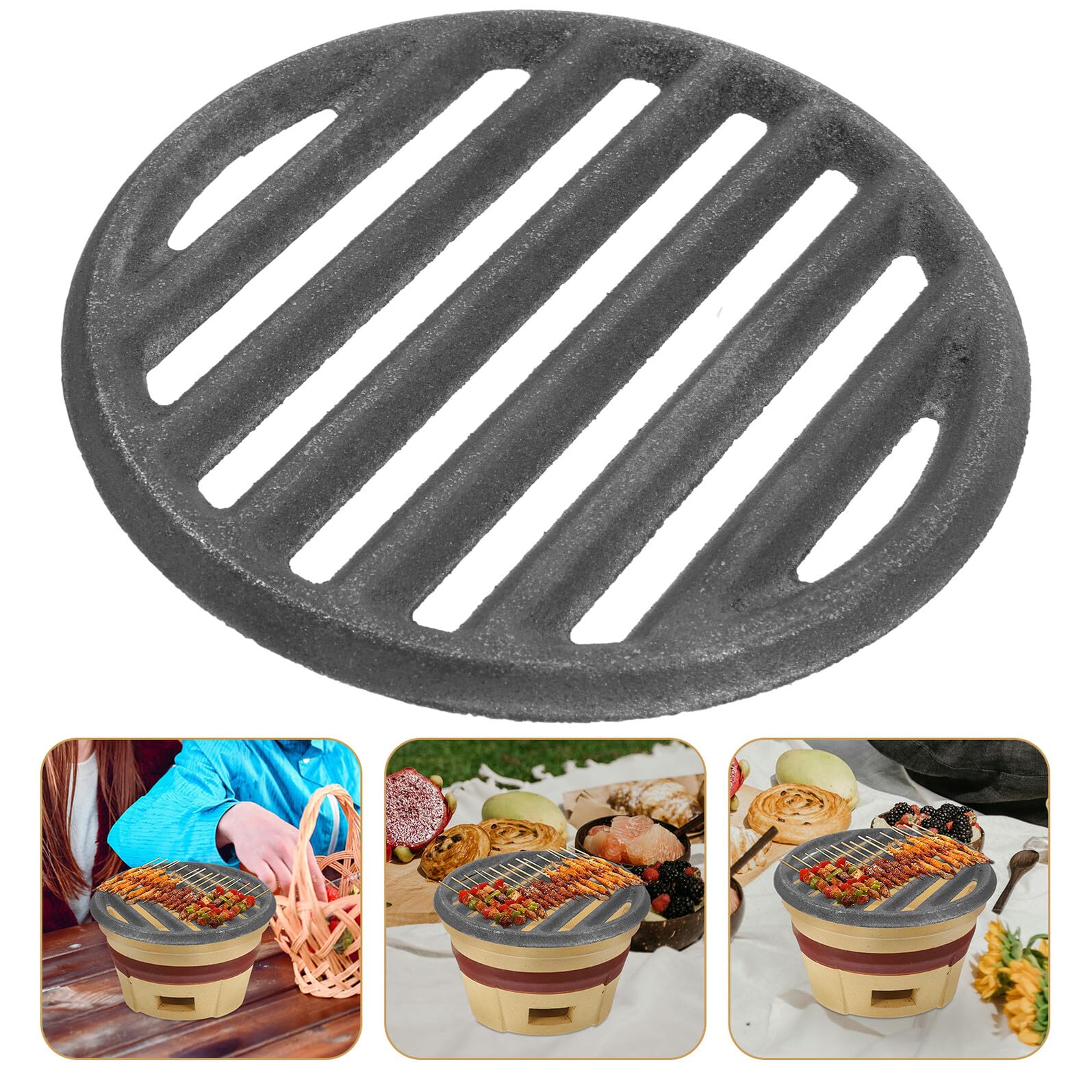 Veemoon Griglia Barbecue Rotonda in Ghisa 22 Cm per Grigliare All'aperto Utensili da Cucina da Campeggio Distribuzione Calore Uniforme e Superficie Cottura Resistente