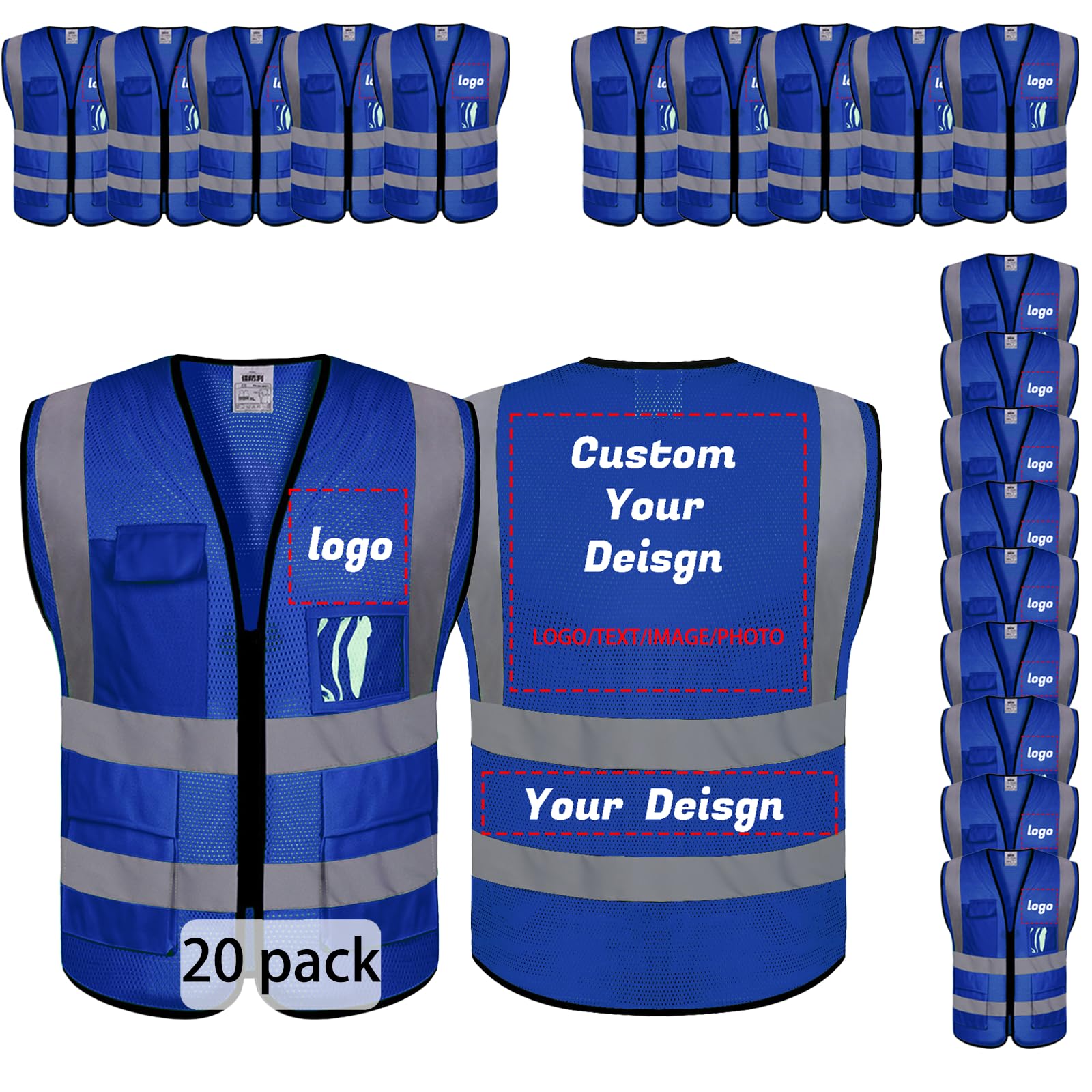 evershare Custom Safety Vest Logo High Visibility Reflective Vests Customized Class 2 Hi Viz Vest with Zipper & Pockets