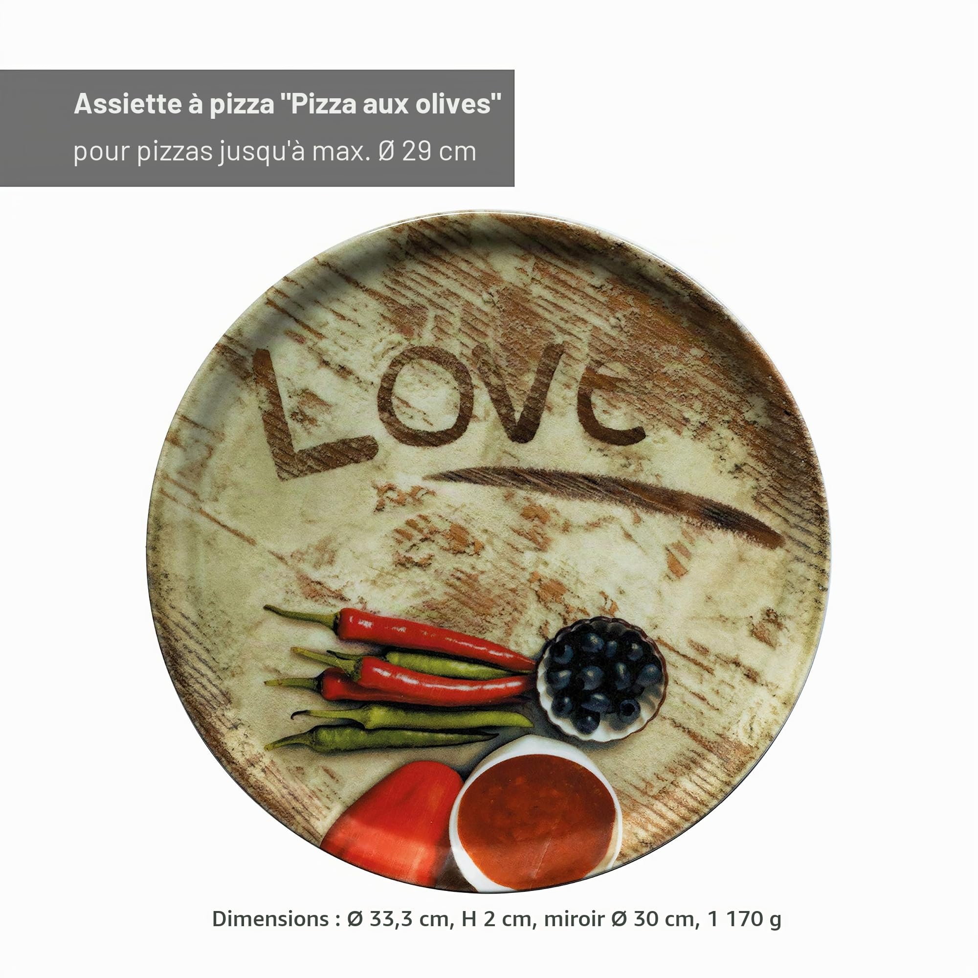 MamboCat Lot de 6 assiettes à pizza, 33,3 cm de diamètre, grandes, décor complet, motifs préférés : pizza avec olives et salami, en porcelaine, pour servir pizza, charcuterie, fromage
