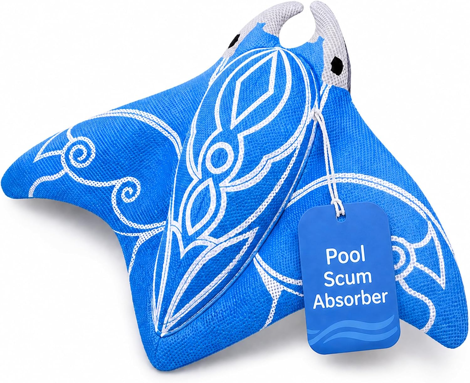 Swimming Pool & Hot Tub Scum Absorber - Blue Oil Absorbing Stingray, Reusable Floating Sponge Soaks Up Oil Lotion Makeup, Machine Washable, Inground & Above Ground Pools