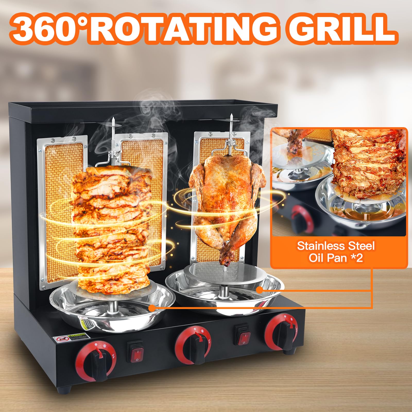Shawarma Machine Propano Vertical Pollo Asador Asador con 3 Quemadores Giratorios Kebab Grill Gyro Machine 4