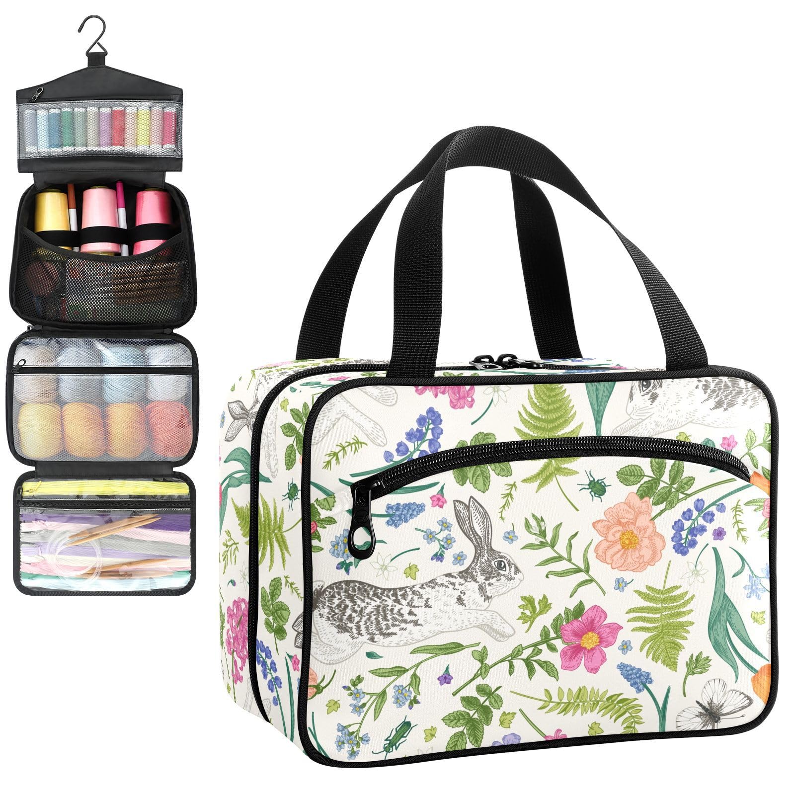 YNNALE Sewing Supply Organizer Bag, French Easter Rabbit Flower Country Portable Sewing Bags with Pockets&Hanger, Sewing Storage Box Case for Sew Supplies/Kit/Tools/Accessories (BAG ONLY)