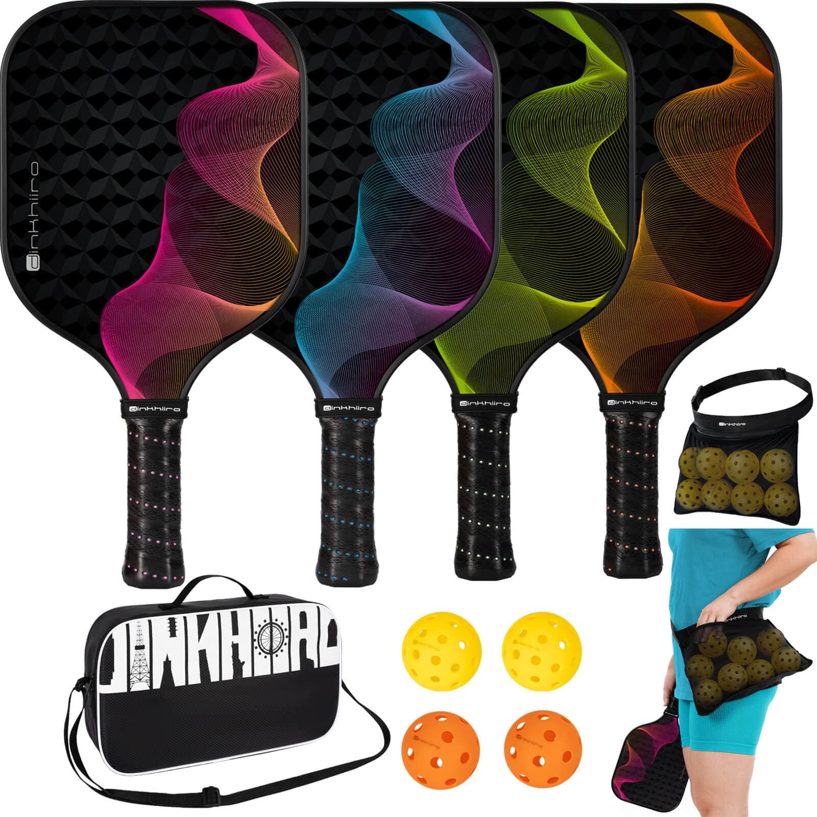 Pickle-Ball Paddle Set of 4 with Outdoor Indoor Balls, Racquet Case, Waist Ball Holder Bag | Fiberglass Pickle-Ball Rackets for Adults, Kids | Pickleball Gear Gifts for Women, Men