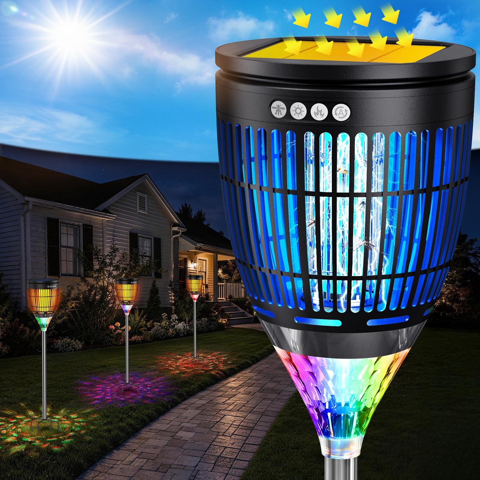 Photo 1 of Solar Bug Zapper Outdoor, 3 in 1 Solar Mosquito Zapper with Flame, Projection Mode, Auto On/Off, Grounding Bracket, IPX5 Waterproof, Solar Powered Mosquito Trap for Paito Backyard Garden Camping