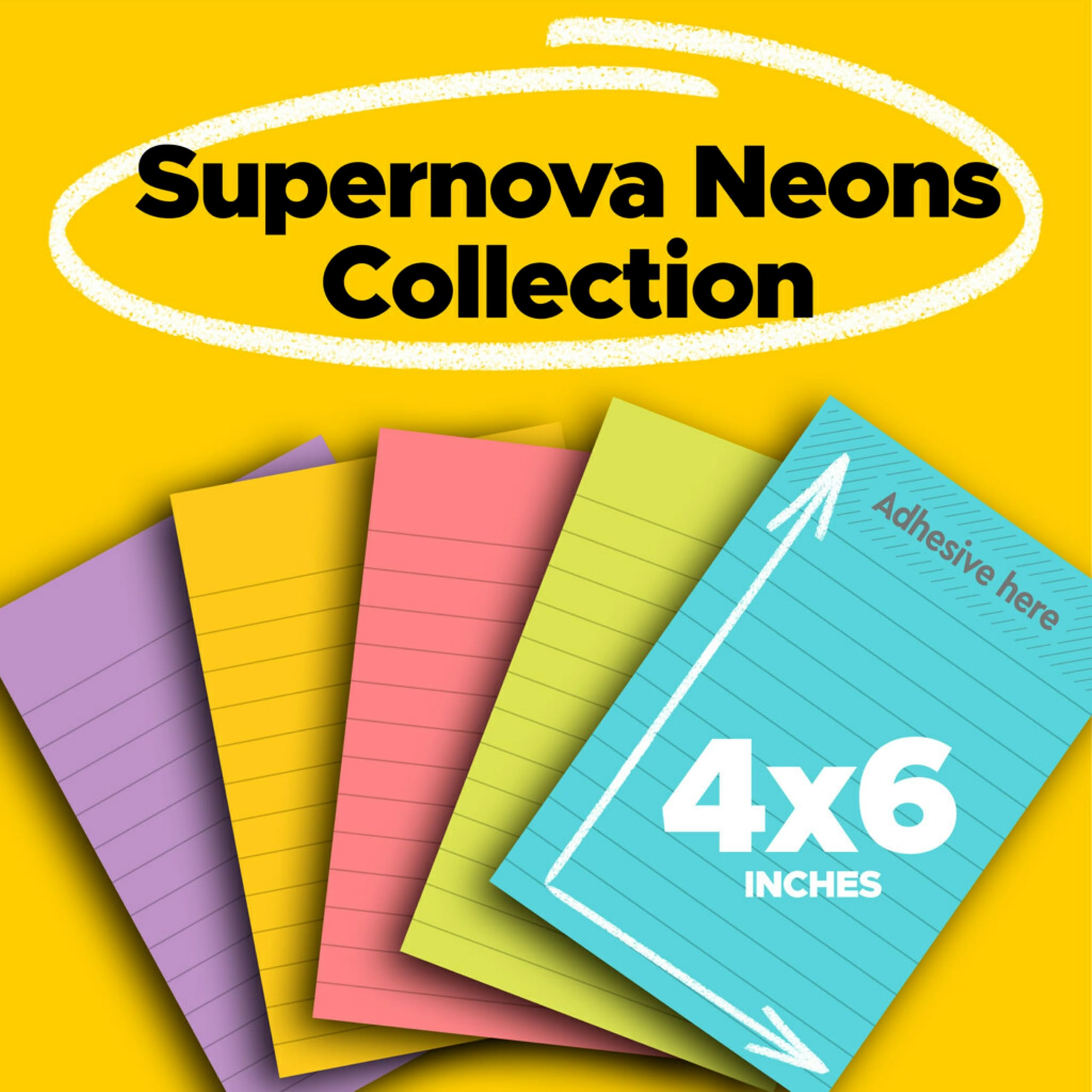 Post-it Lot de 5 blocs de notes super adhésifs, 10,2 x 15,2 cm, 2 x la puissance adhésive, collection Miami, couleurs fluo (orange, rose, bleu, vert), recyclables (660-5SSMIA)