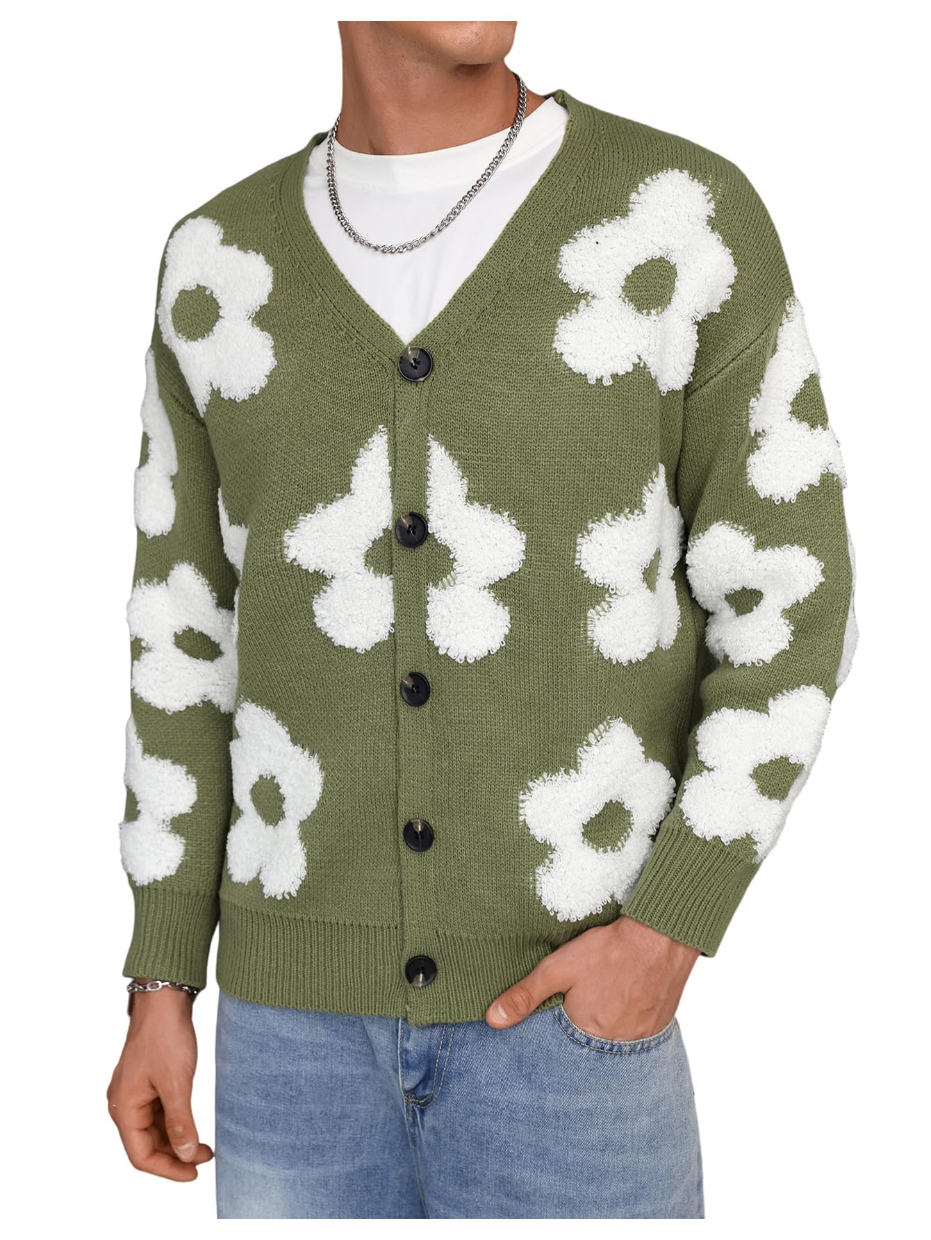 SHENHE Men's Skeleton Pattern Cardigan Sweaters Long Sleeve Unisex Outwear Knitted Coats