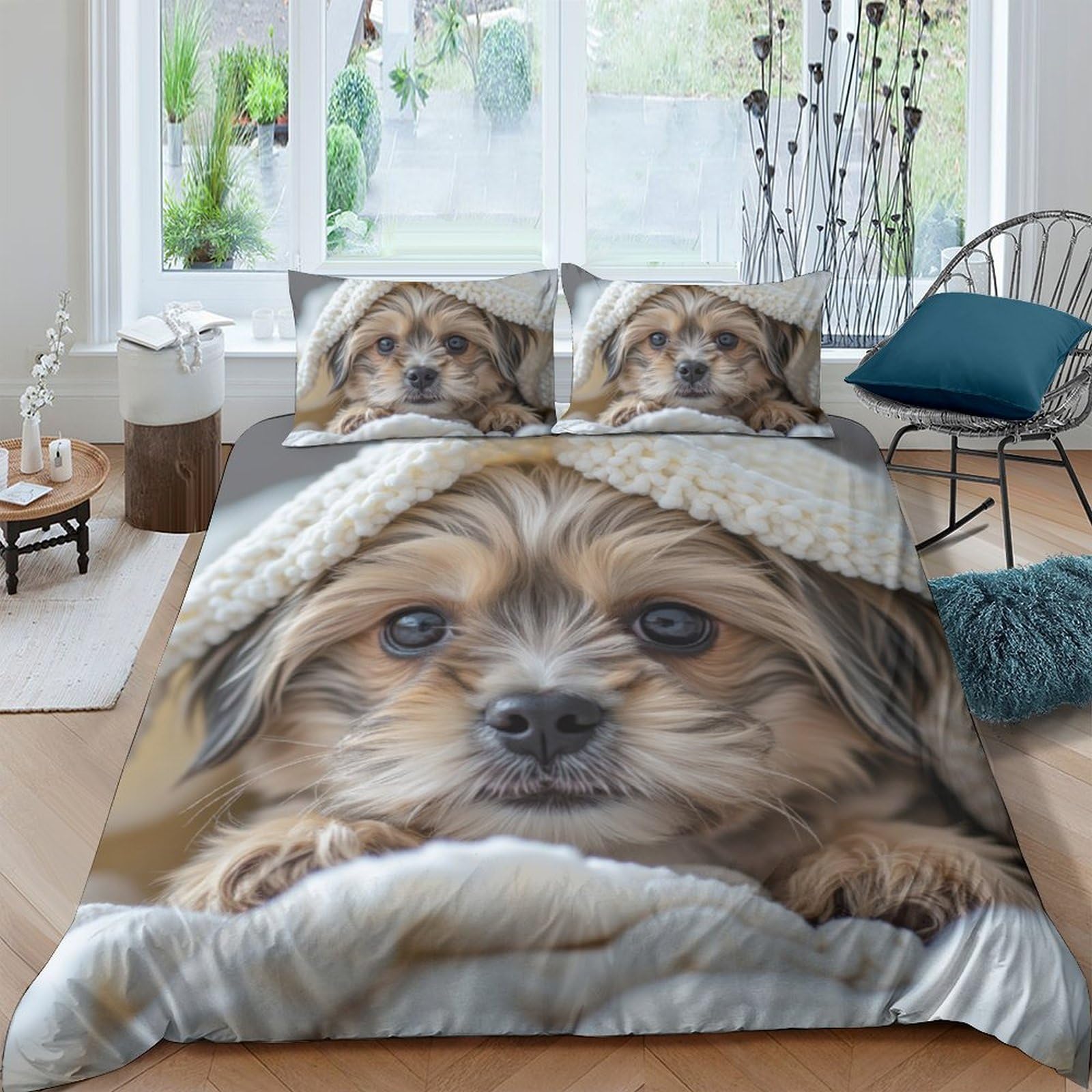 TUFRTGYHN 3D Printed Cute Dog Duvet Cover Microfiber Soft Breathable Puppy Bedding Set with 2 Pillowcases for Bedroom Decor Single（135x200cm）