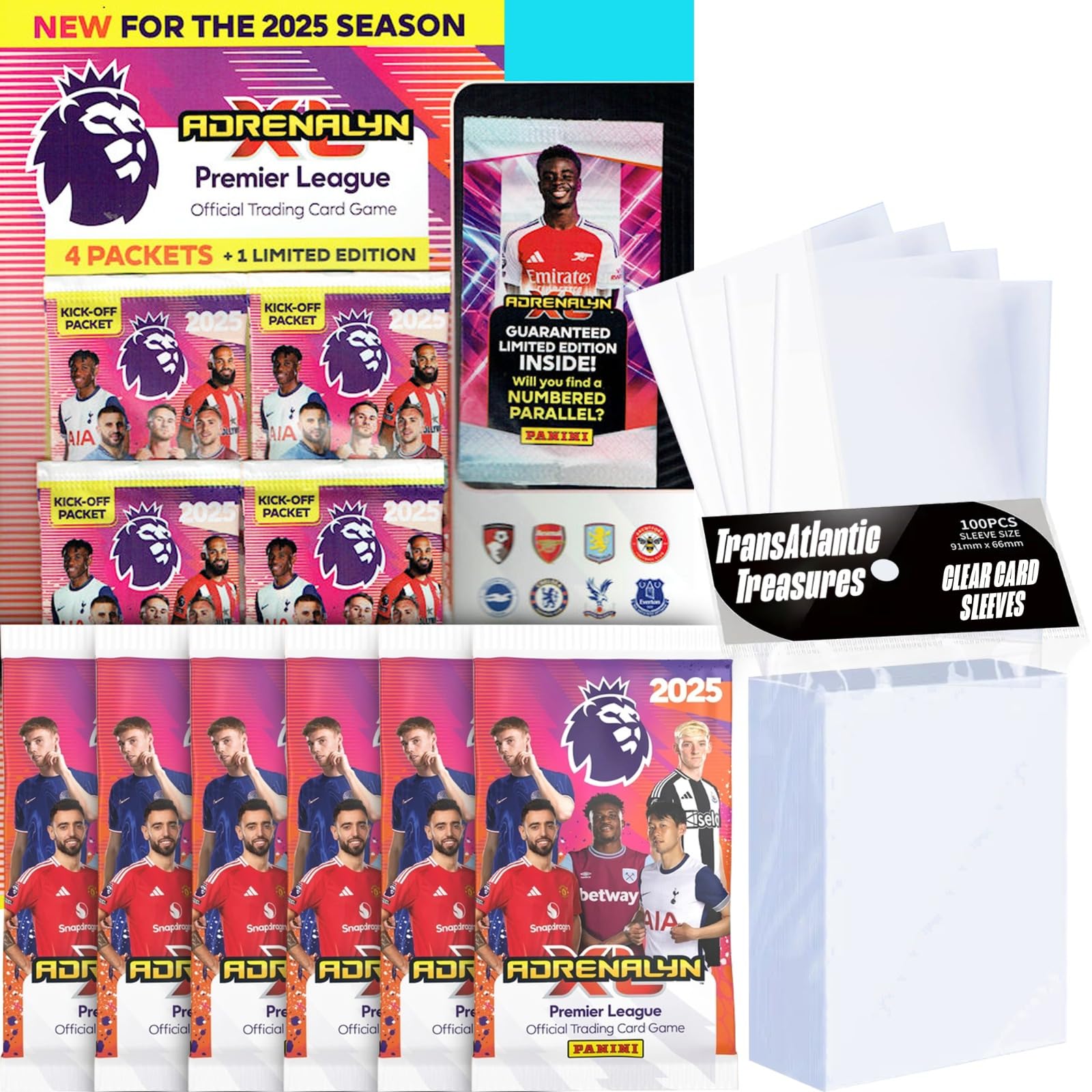 Panini Adrenalyn XL Premier League Soccer Trading Cards 2024-2025 Kick-Off Multipack Plus 100 Card Protectors & 6 Extra Packs, Includes 10 Packs, 1 Limited Edition & 1 Golden Baller Card