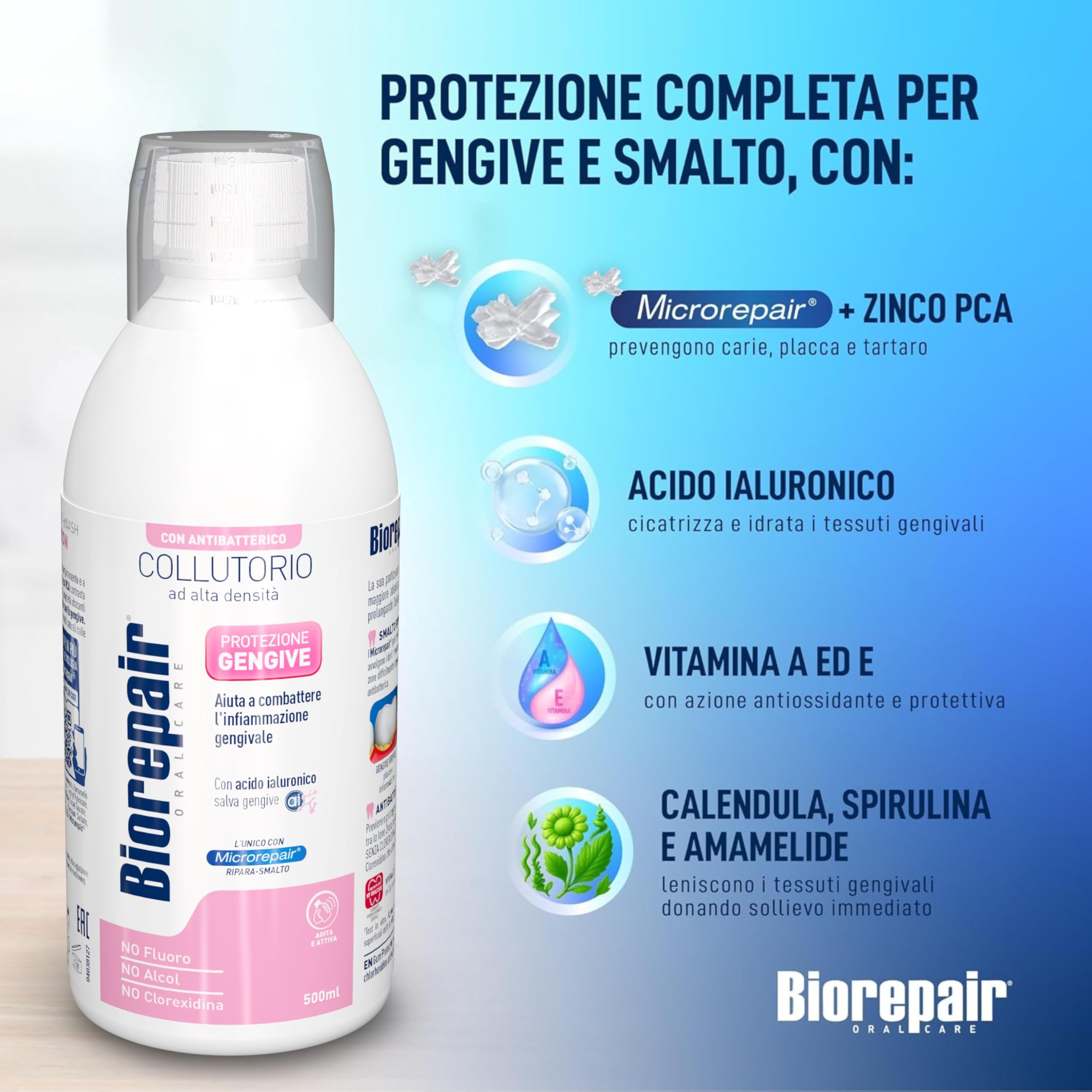 Biorepair, Collutorio ad Alta Densità Protezione Gengive, Aiuta a Combattere L'Infiammazione Gengivale, Con Acido Ialuronico, Microrepair, Zinco PCA, No Fluoro, Senza Alcol e Clorexidina, 6x500ml