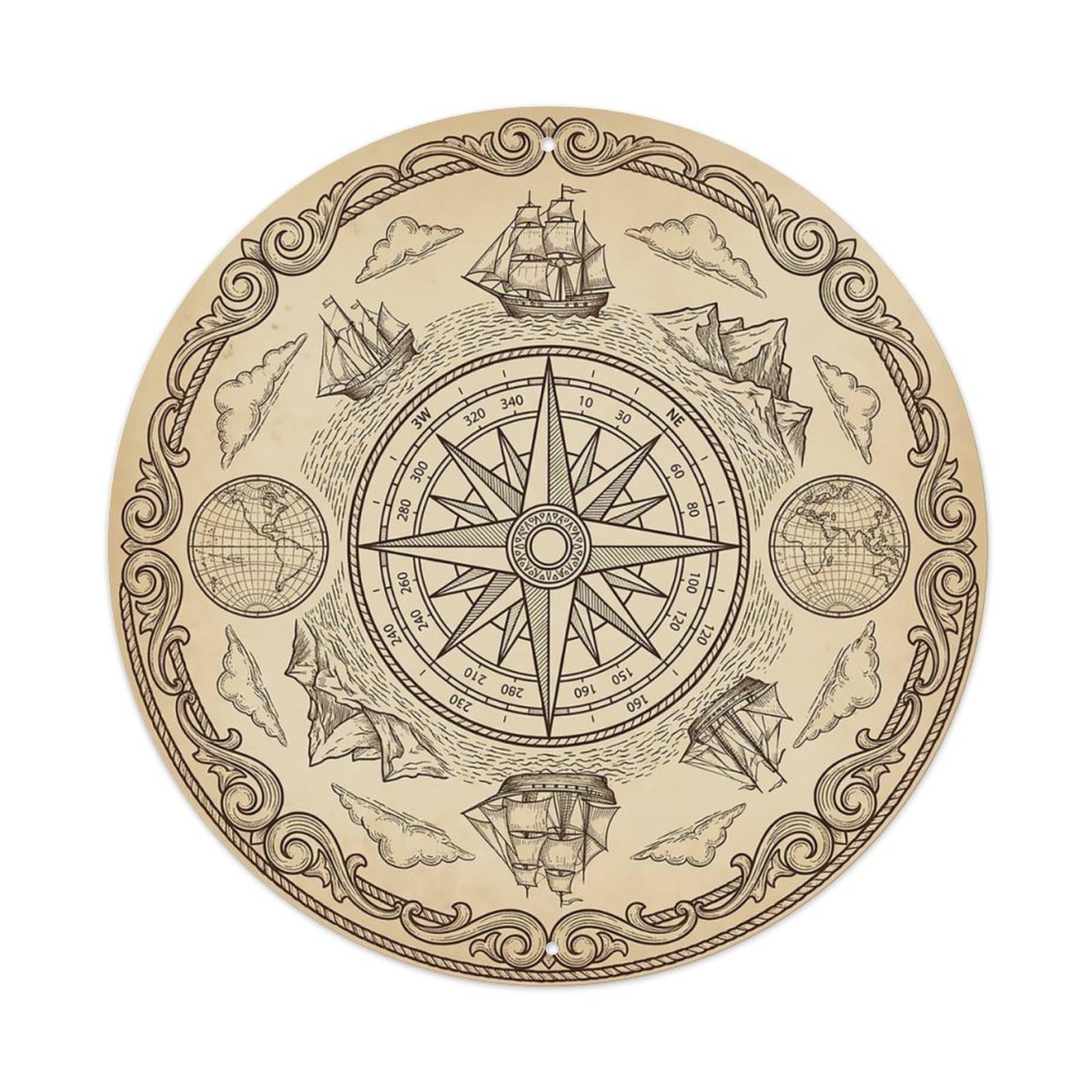 Vintage Nautical Compass World Map Deckhand Chronicle Metal Tin Sign