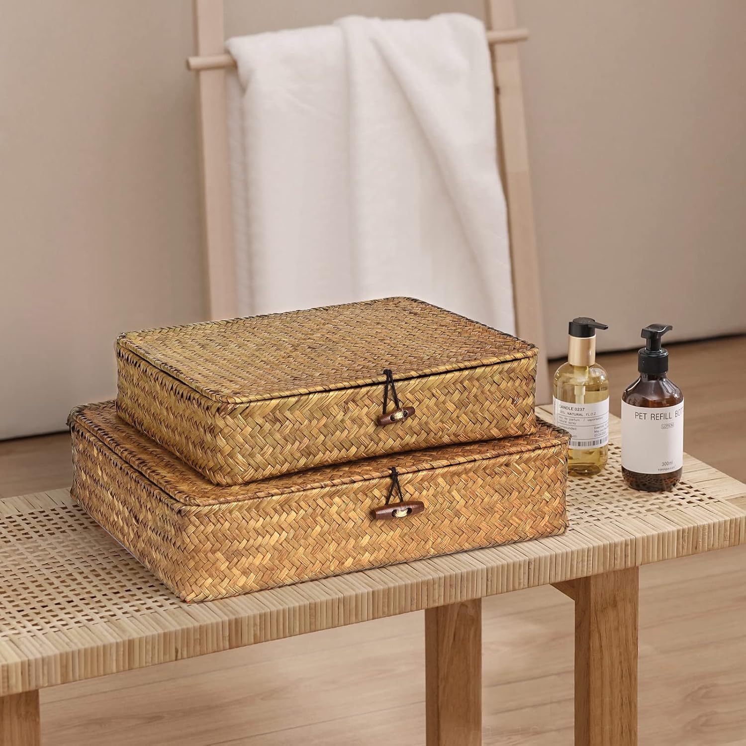 Set of 2 Flat Seagrass Storage Bins with Lid Wicker Storage Baskets for Organizing, Woven Shelf Organizer Bins Home Utility Organizer Box for Home & Office Supplies (Caramel)