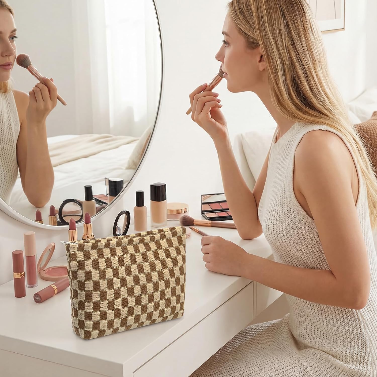 Gilprop 6 Pcs Checkered Makeup Bag Knitted Cosmetic Bags Bulk with Zipper Portable Bridesmaid Makeup Bag Gifts for Women Personalize Preppy Travel Toiletry Pouch for Wedding Party Favors (Coffee)