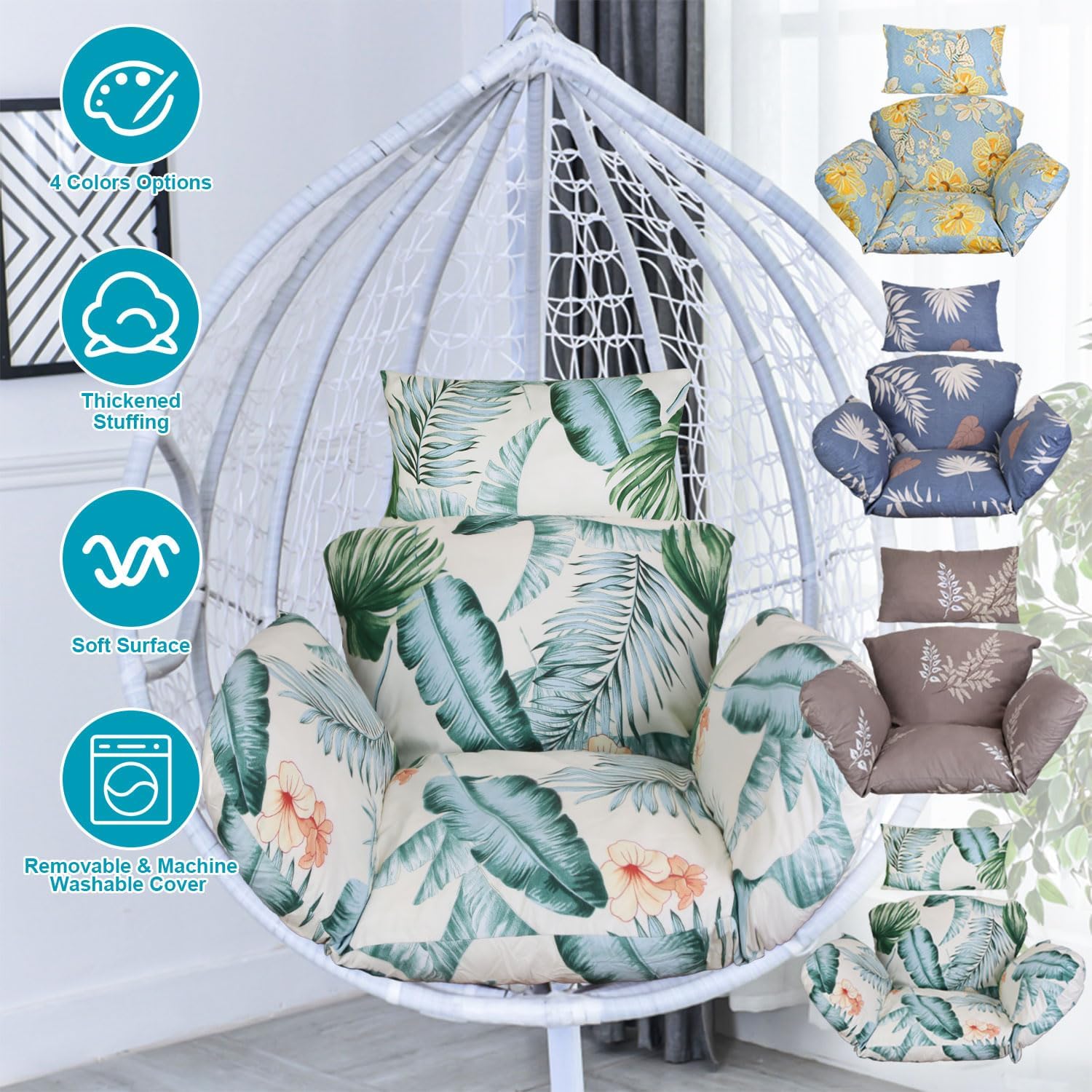 Egg Chair Cushion, Soft Thicken Swing Egg Chair Cushion with Headrest, Hanging Basket Chair Pads, Removable & Washable Hammock Chair Cushions for Indoor/Outdoor, Coffee_BeigeLeaf