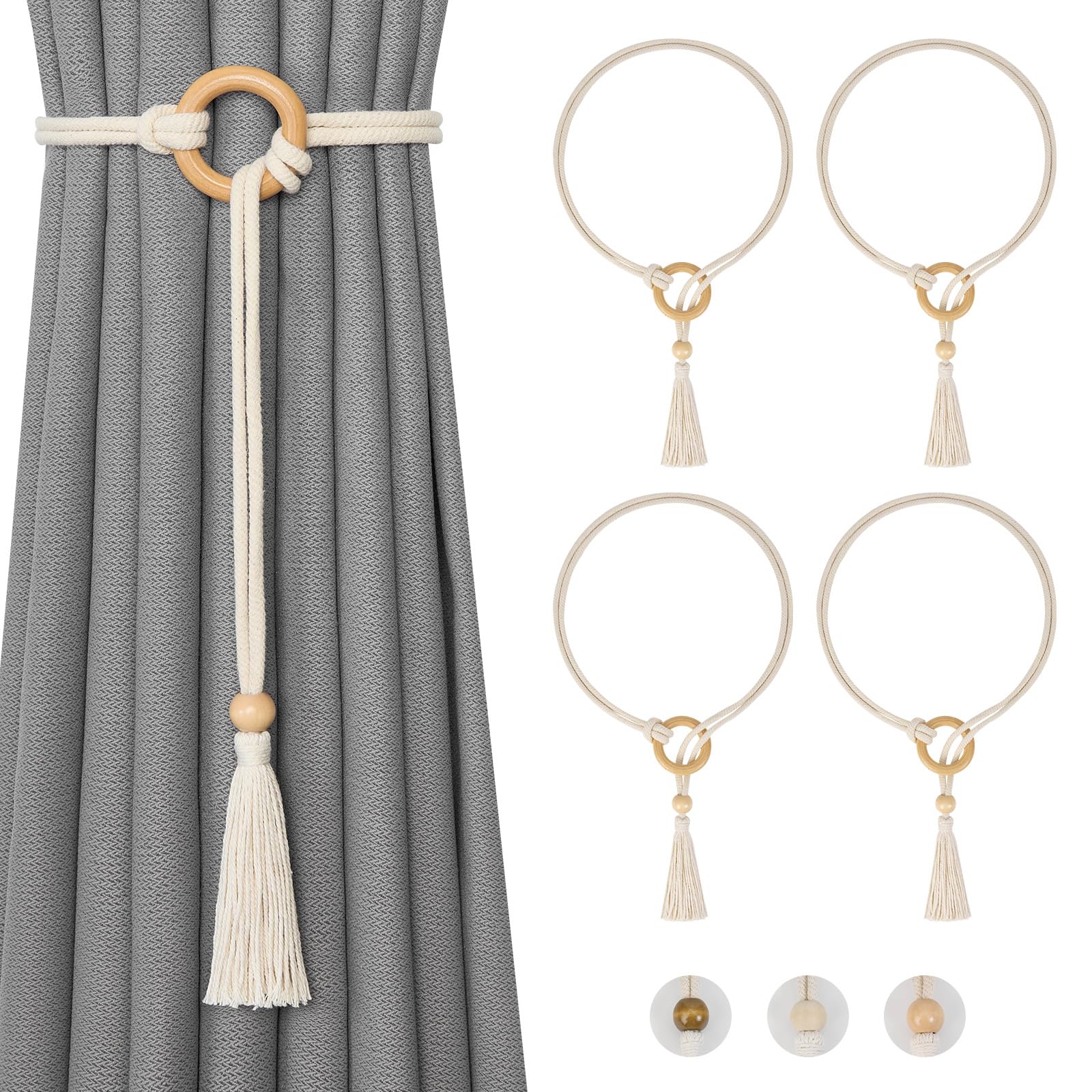 NICEEC 4 Pack Natural Cotton Rope Curtain Tiebacks Boho Style Decorative Drape Tie Backs Elegant Hand Woven Rope Curtain Holdbacks with Wooden Ring for Home & Office Window Drapery (B1-Yellow)