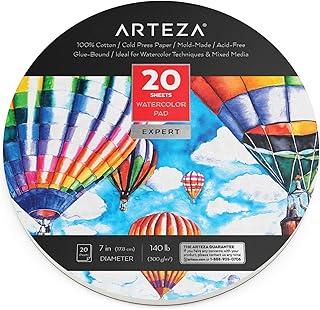 Arteza Watercolor Paper, 7-Inch Diameter, 20 Round Sheets, 140-lb Drawing Pad for Painting and Sketching, Art Supplies for Mixed Media and Watercolor Techniques