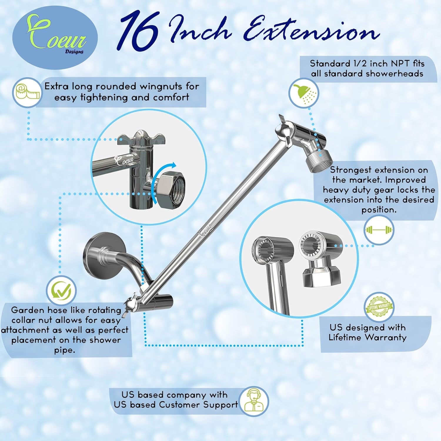 16-Inch Extra Long Shower Extension Arm. Solid Brass. Height/Angle Adjustable With a Unique Locking Gear for a Perfect Position Every time. Holds All Showerhead Sizes.