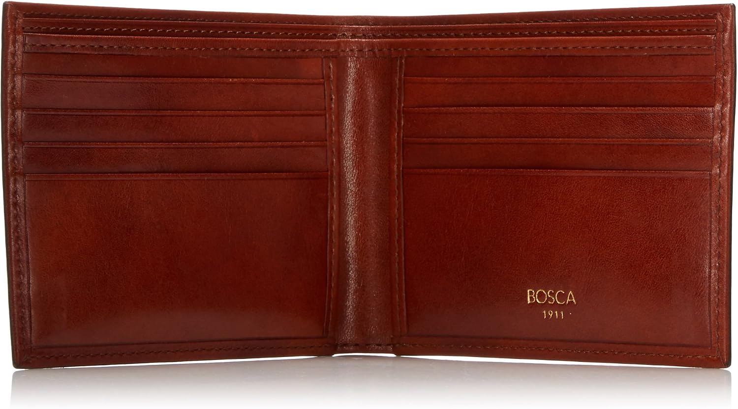Bosca Men's Leather Wallet - RFID Security Lining - 8 Card Slots - Divided Currency Well - Full Grain Italian Leather with Glossy Finish - Amber Brown