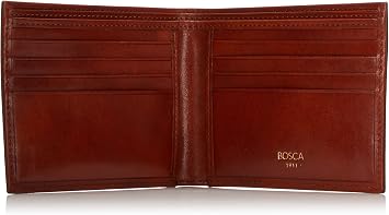 Bosca Men's Leather Wallet - RFID Security Lining - 8 Card Slots - Divided Currency Well - Full Grain Italian Leather with Glossy Finish - Amber Brown